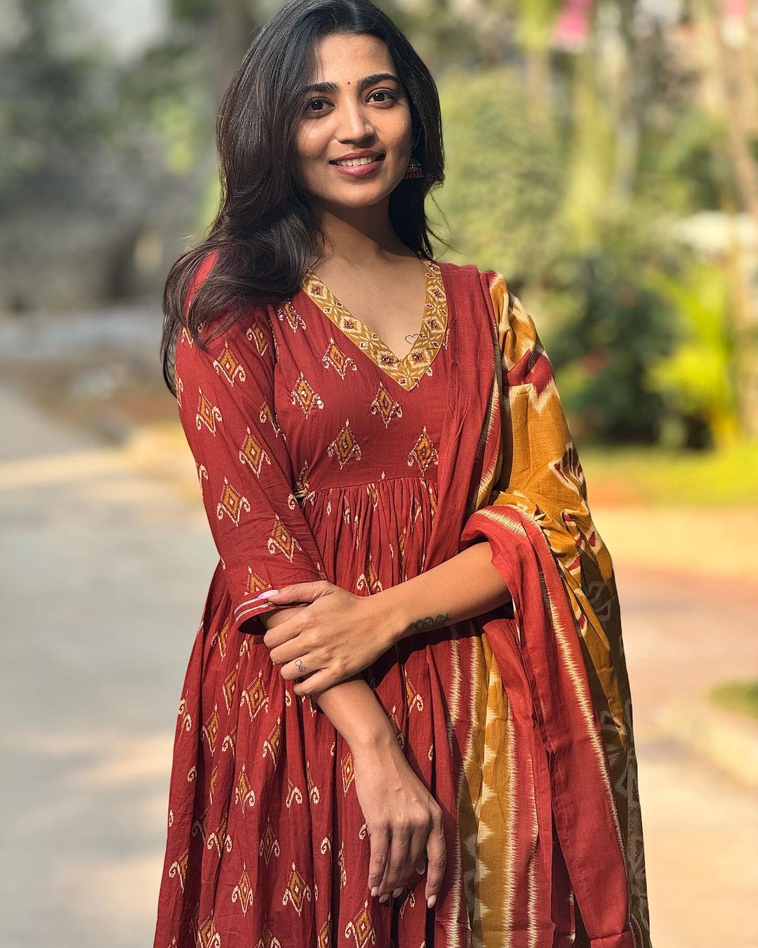 Ethnic Set Women Printed Red Anarkali Kurta and Pant Set With Dupatta
