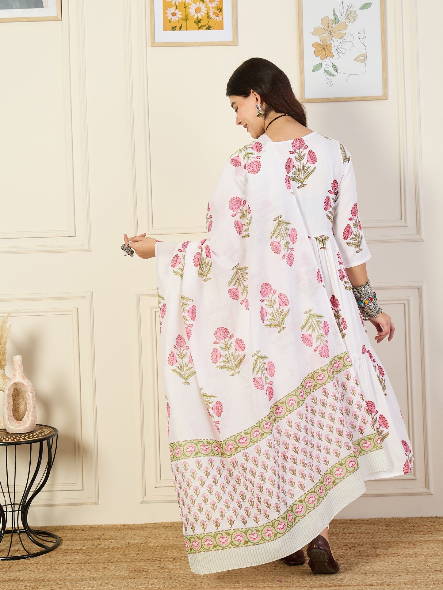 Ethnic Set Women Printed Anarkali White Kurta and Pant Set With Dupatta