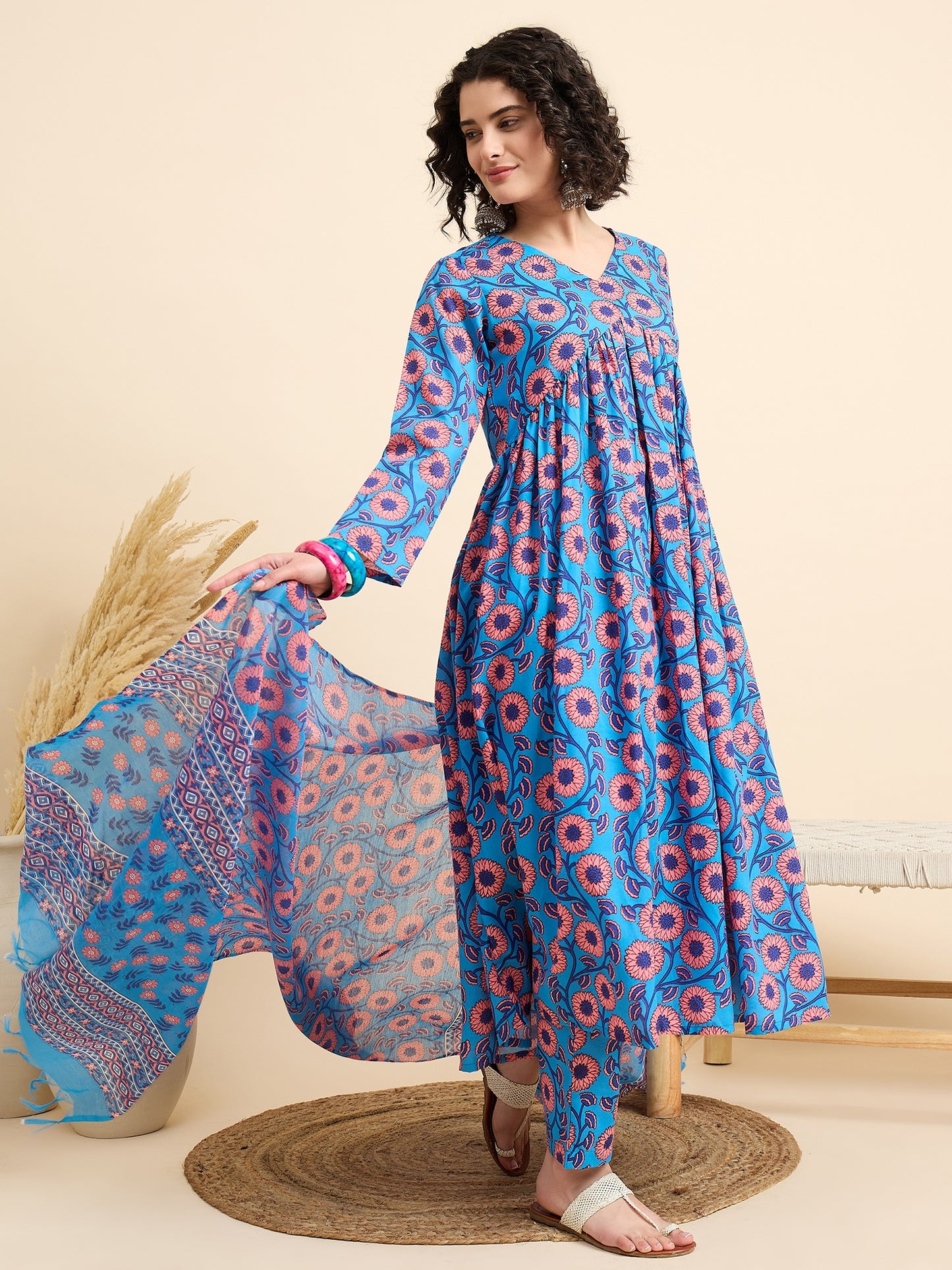 Ethnic Set Women Printed Anarkali Blue Kurta And Pant Set With Dupatta