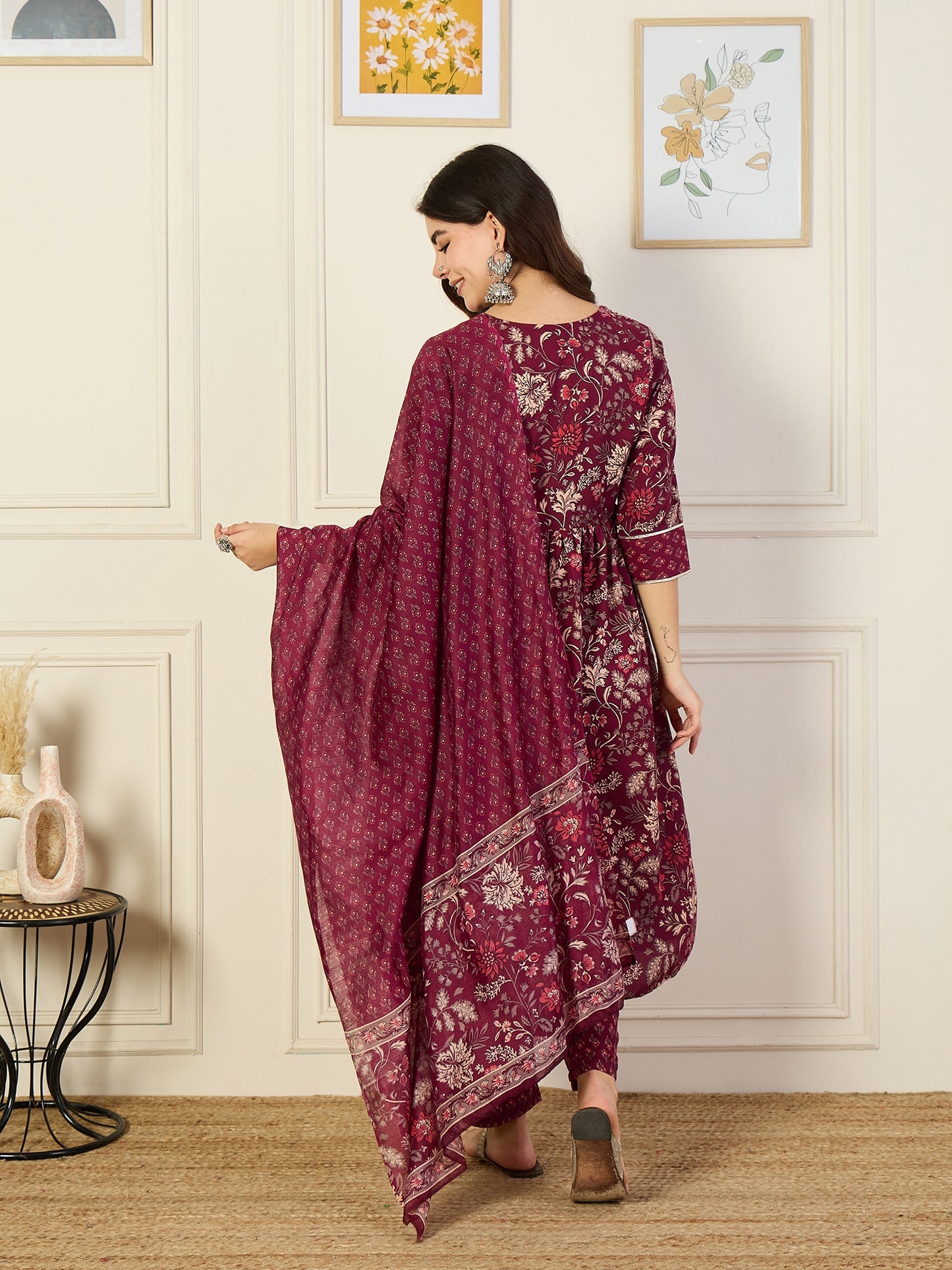 Ethnic Set Women Floral Printed Anarkali Maroon Kurta and Pant Set With Dupatta