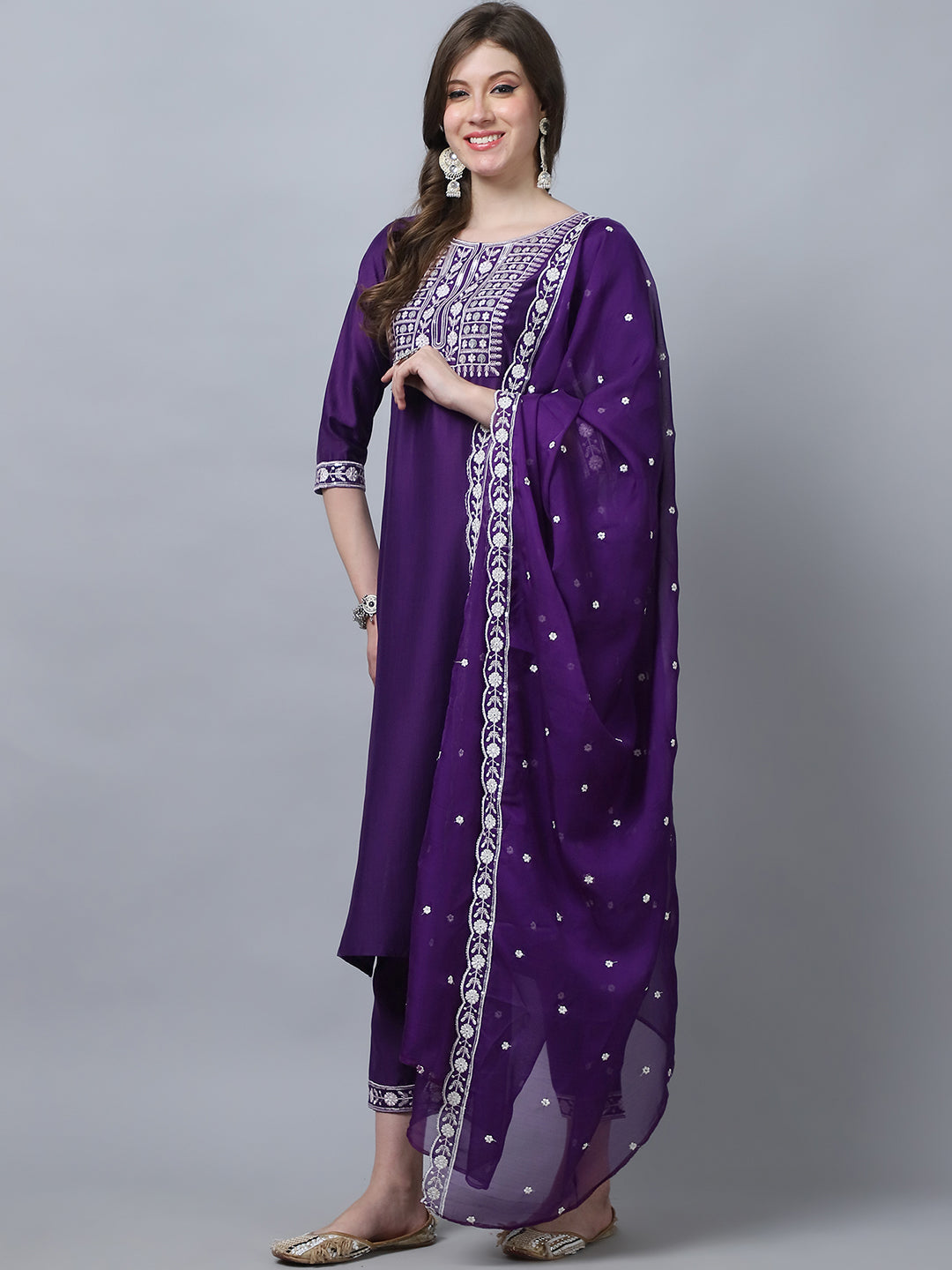 Ethnic Set Women Embroidery Straight Kurta and Pant set with Dupatta - Ethnic Set
