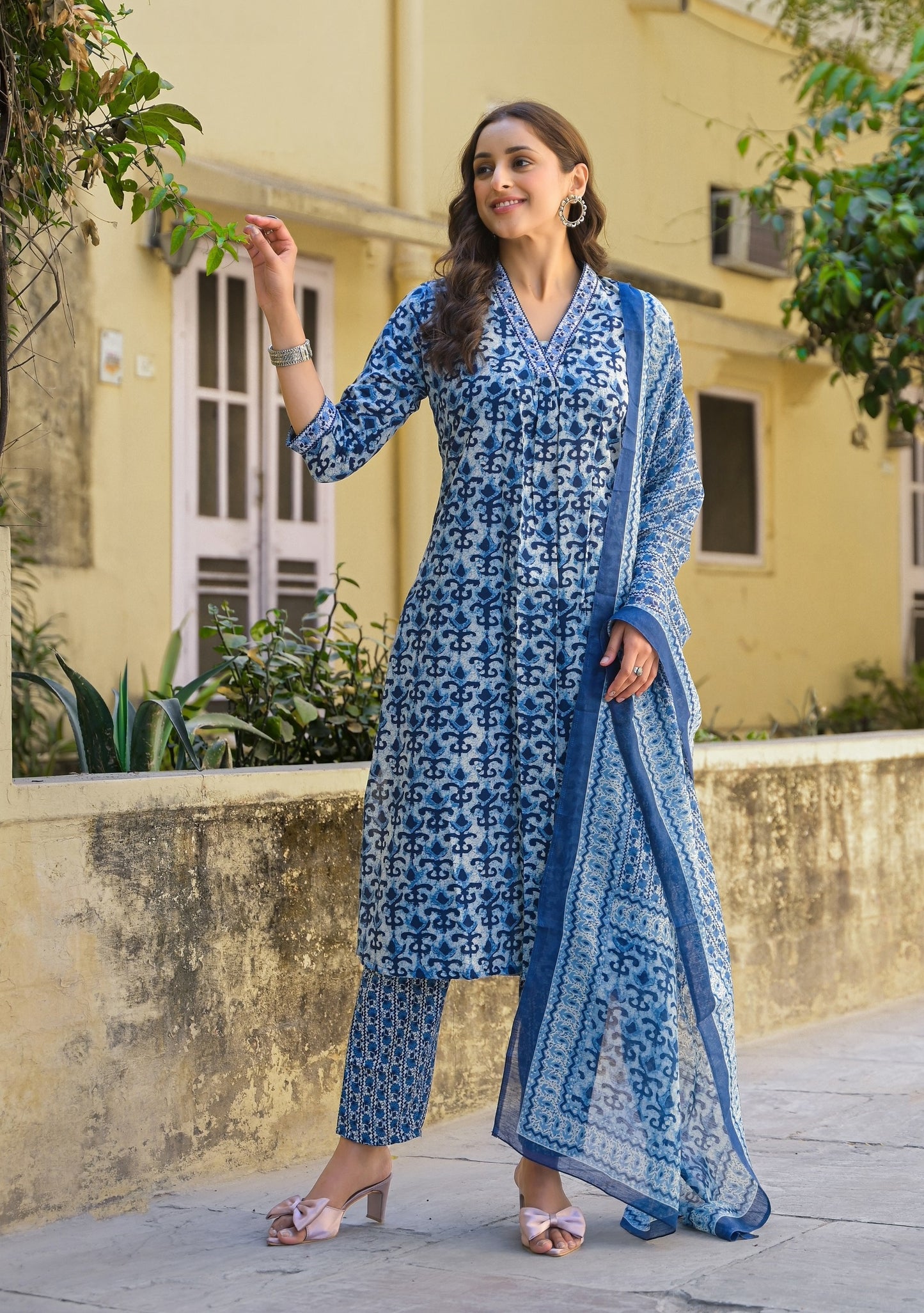 Ethnic Set Women Printed A-Line Blue Kurta And Pant Set With Dupatta
