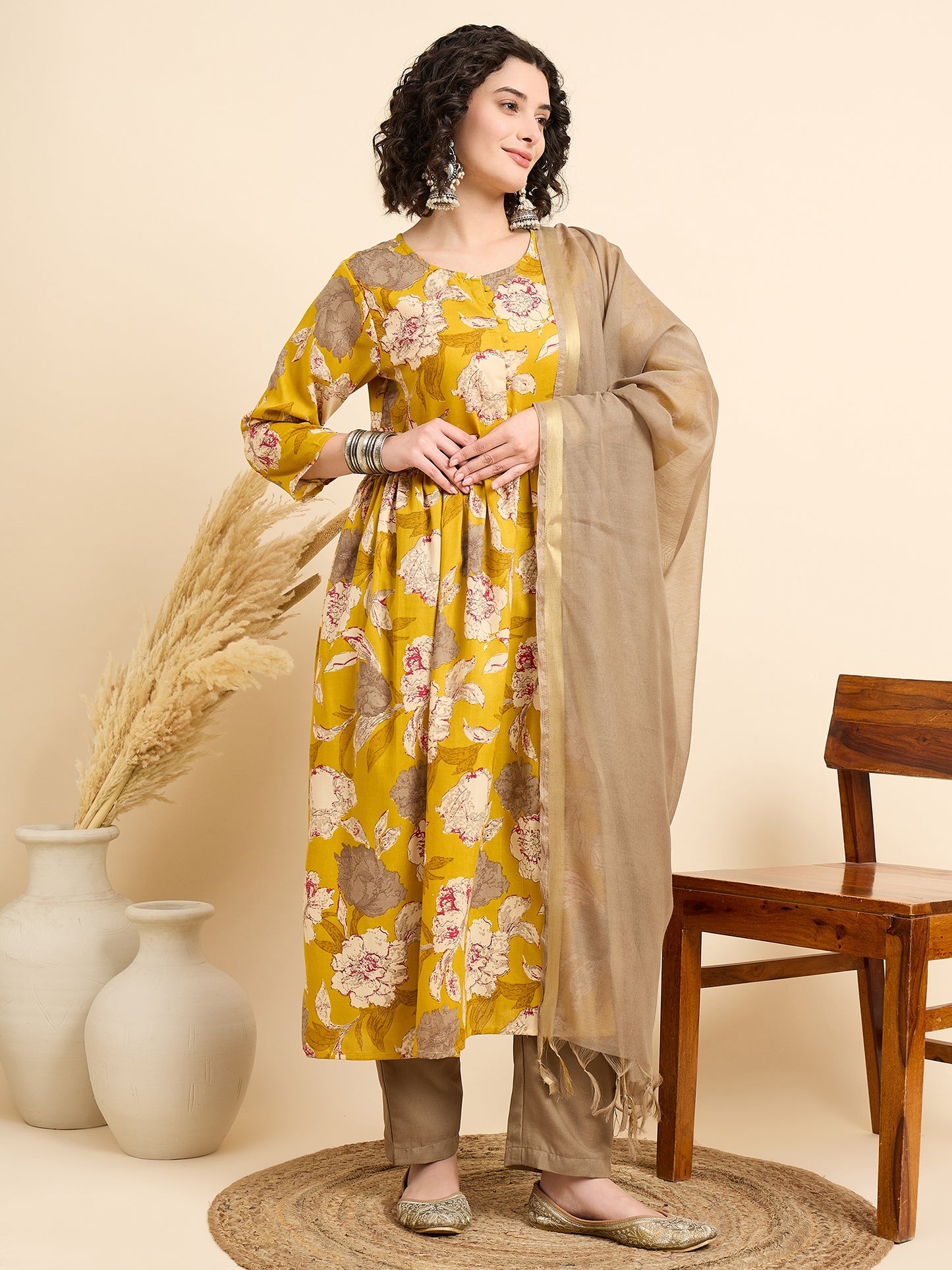 Ethnic Set Women Printed Anarkali Yellow Kurta And Pant Set With Dupatta