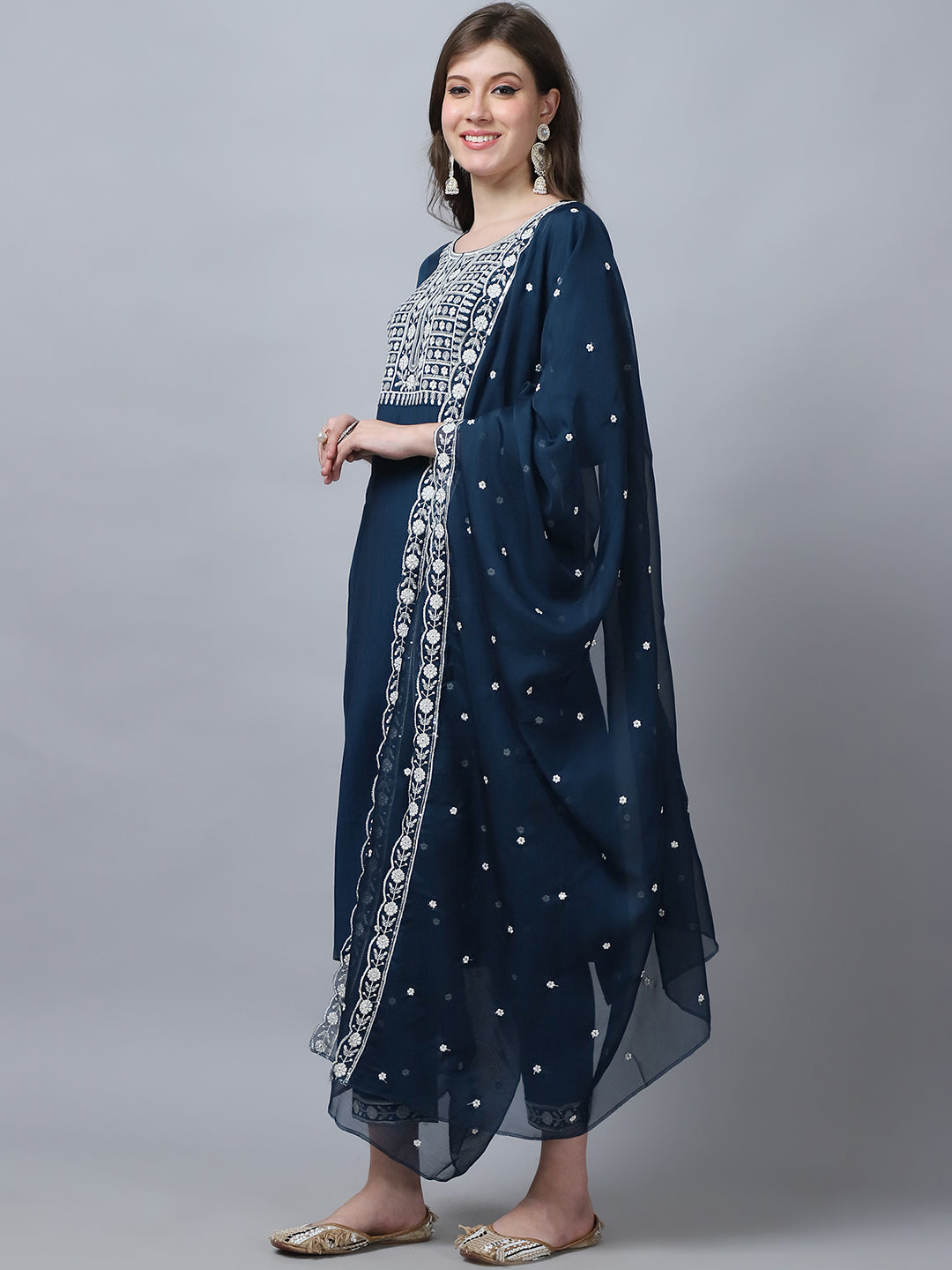 Ethnic Set Women Embroidery Straight Kurta and Pant set with Dupatta - Ethnic Set