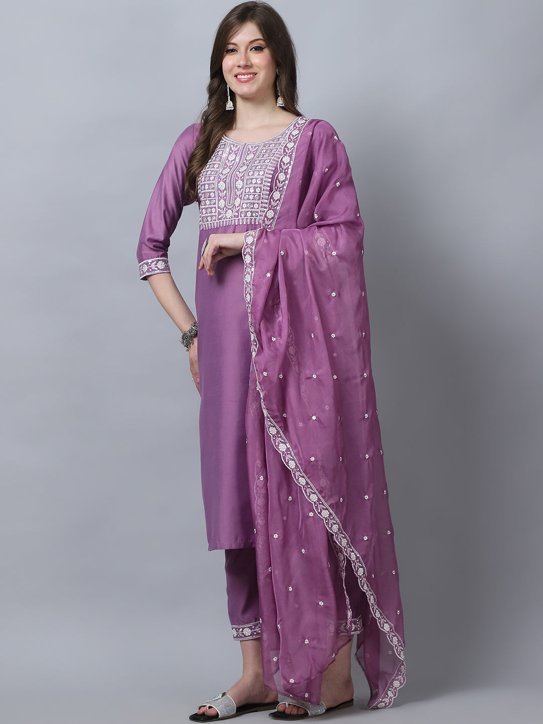 Ethnic Set Women Embroidery Straight Kurta and Pant set with Dupatta - Ethnic Set