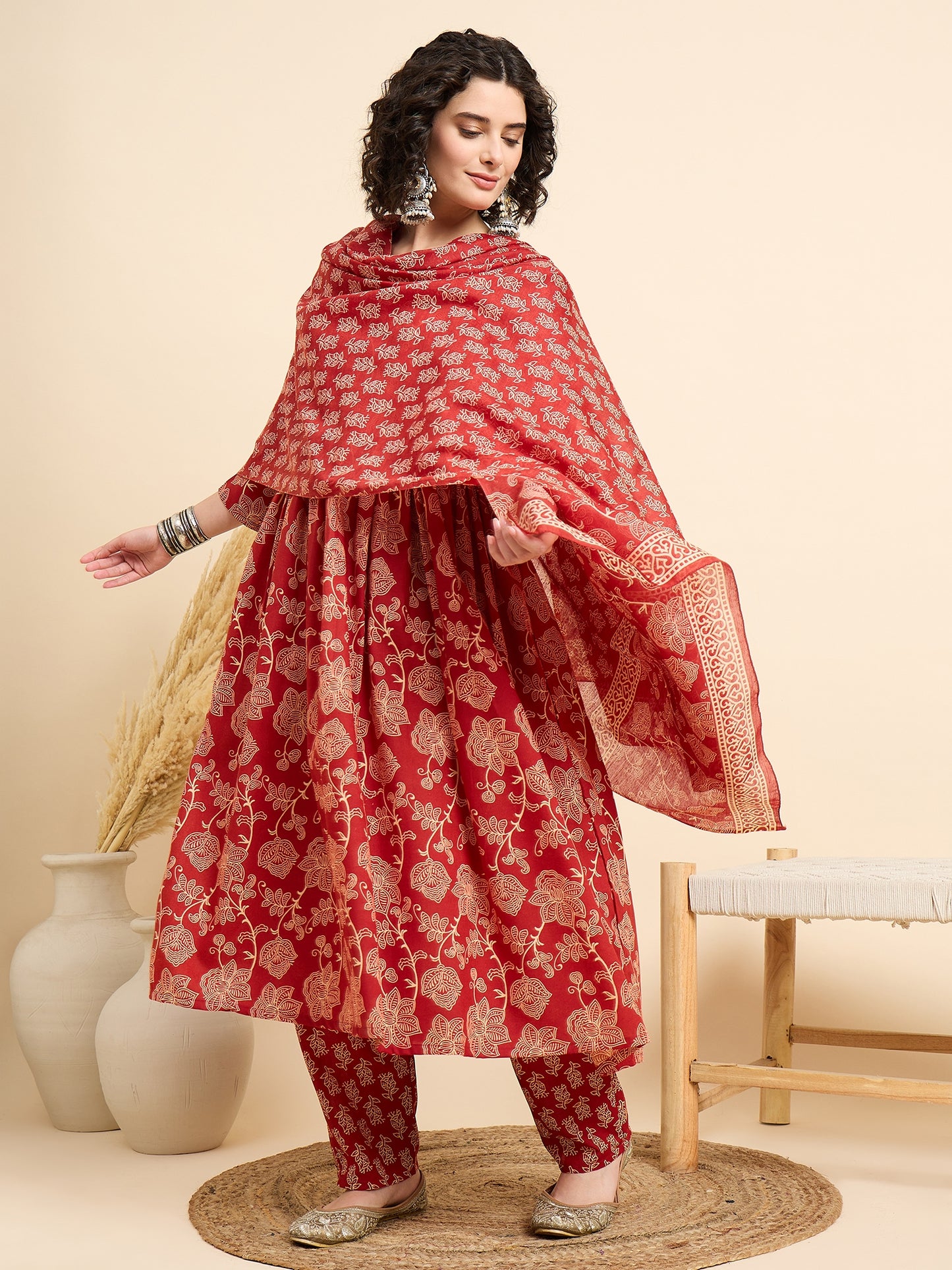 Ethnic Set Women Floral Printed Anarkali Red Kurta And Pant Set With Dupatta