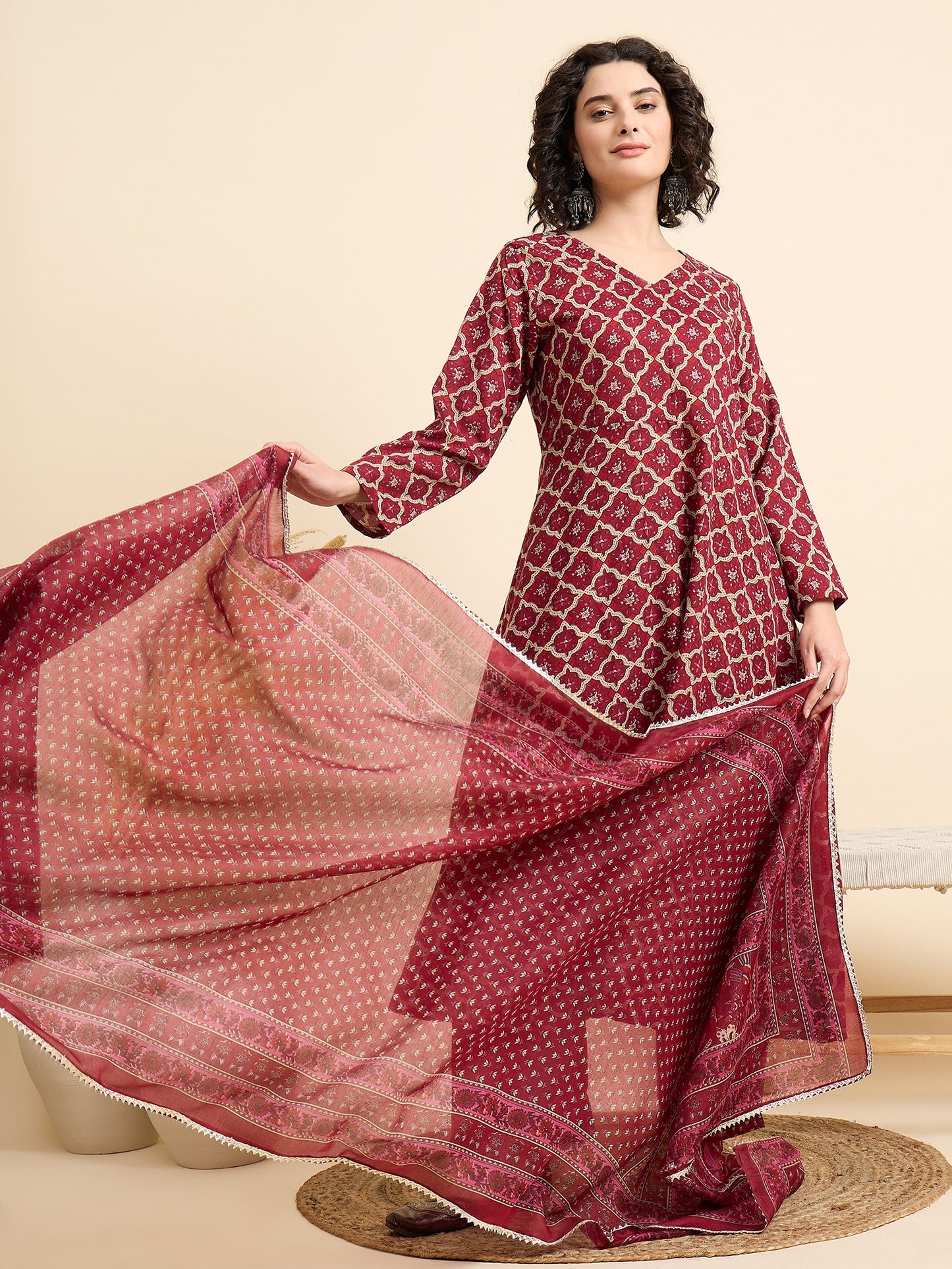 Ethnic Set Women Printed A-Line Kurta And Pant Set With Dupatta