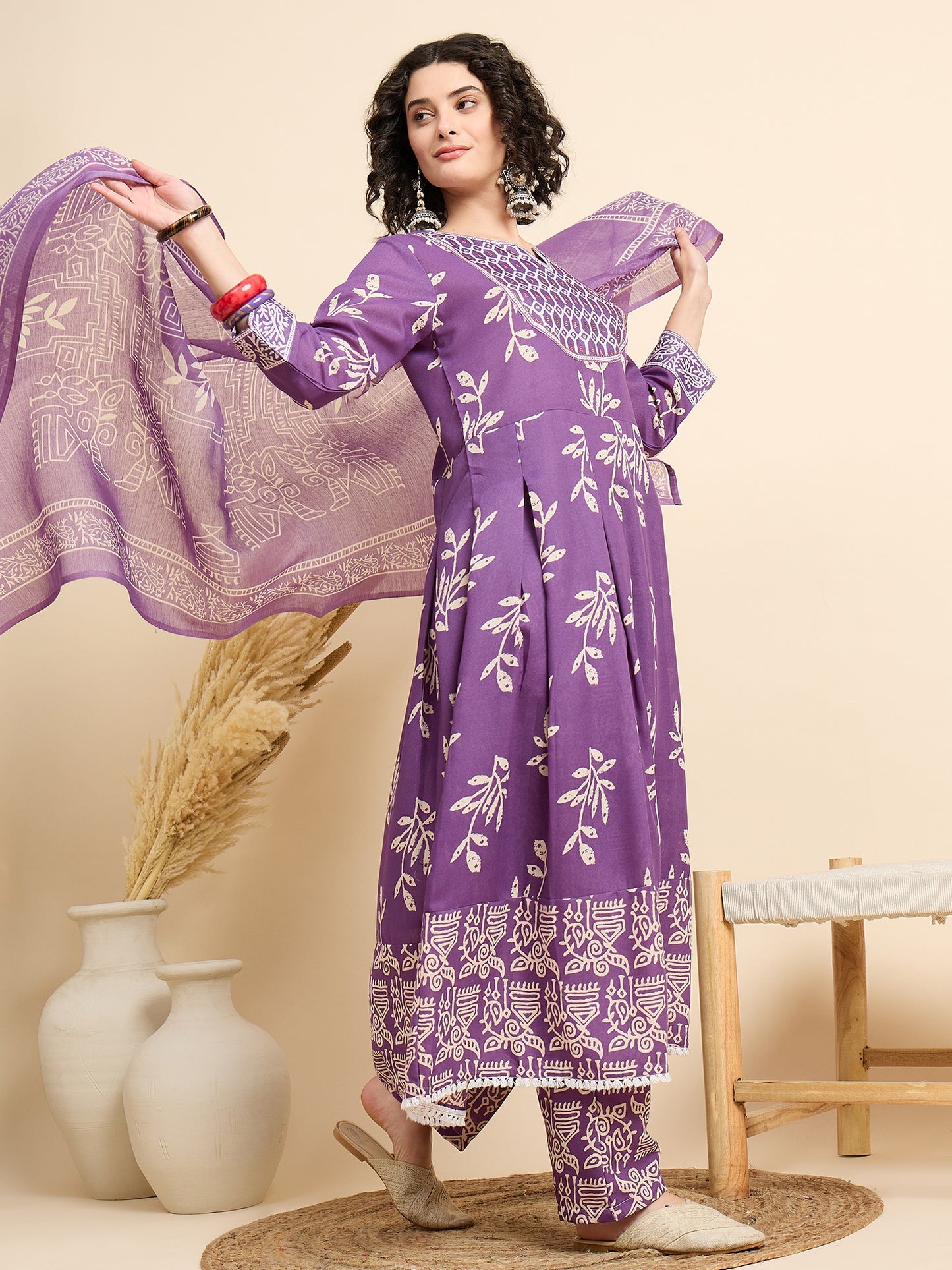 Ethnic Set Women Printed Anarkali Kurta And Pant Set With Dupatta