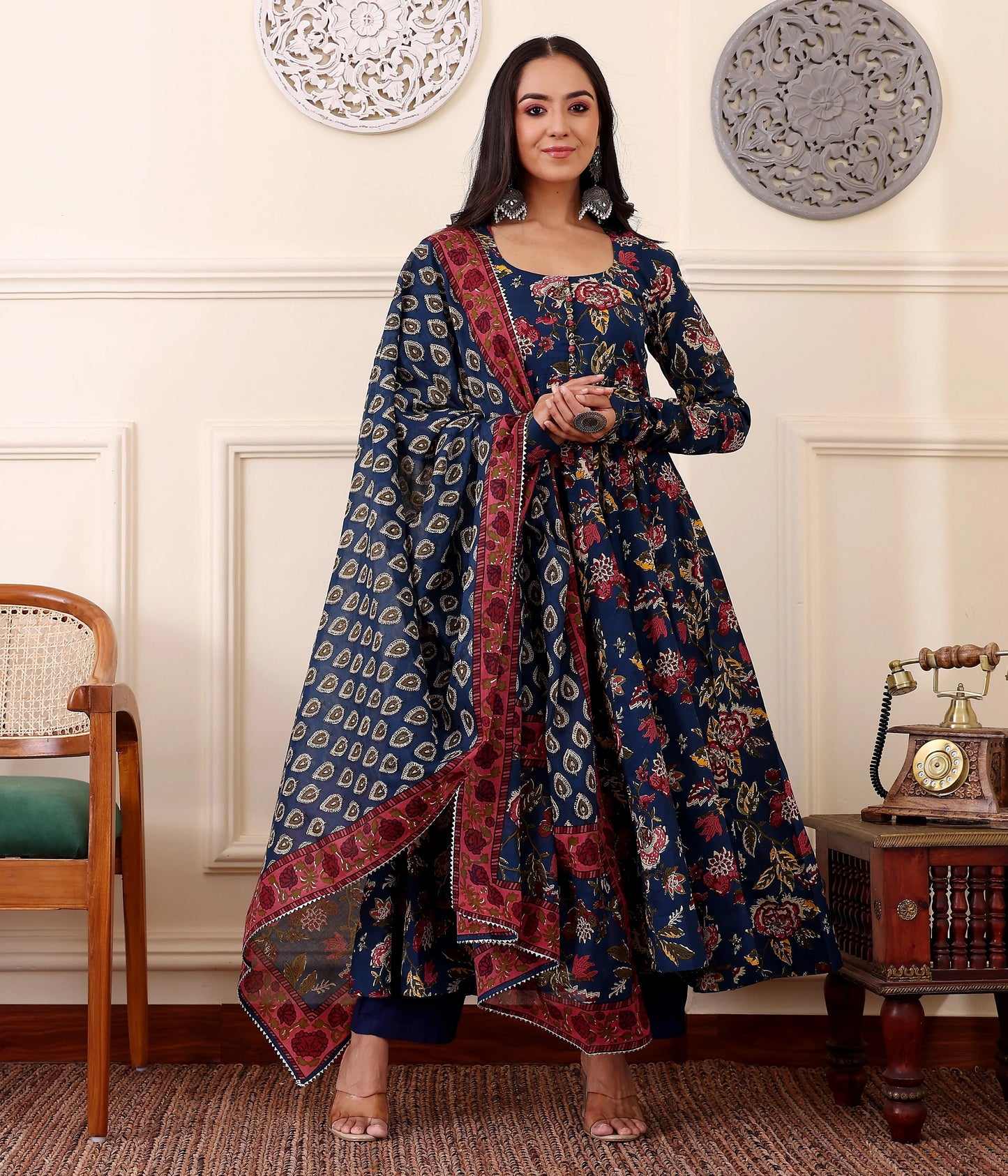 Ethnic Set Women Printed Anarkali Blue Kurta and Pant Set With Dupatta