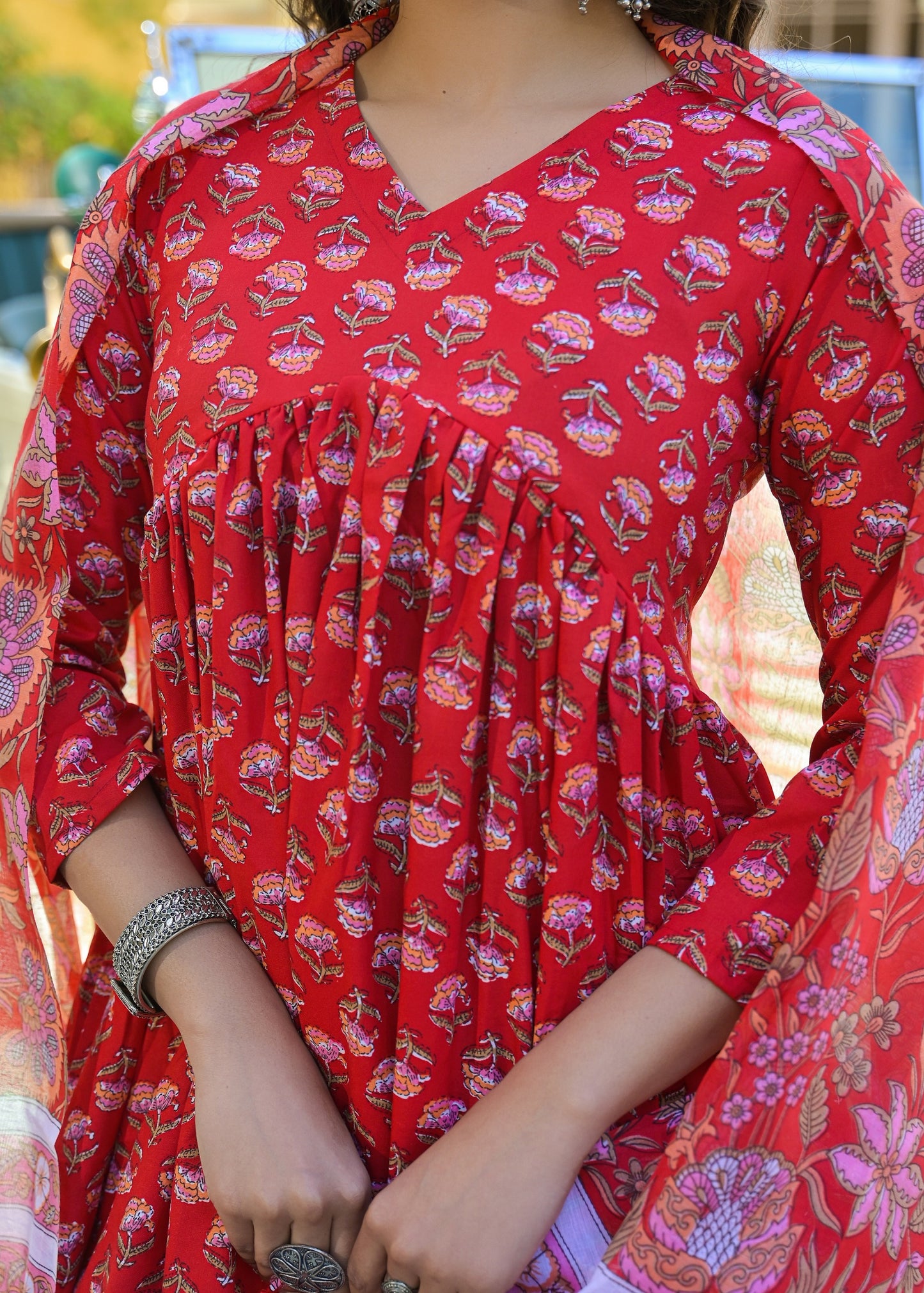 Ethnic Set Women Printed Anarkali Red Kurta And Pant Set With Dupatta