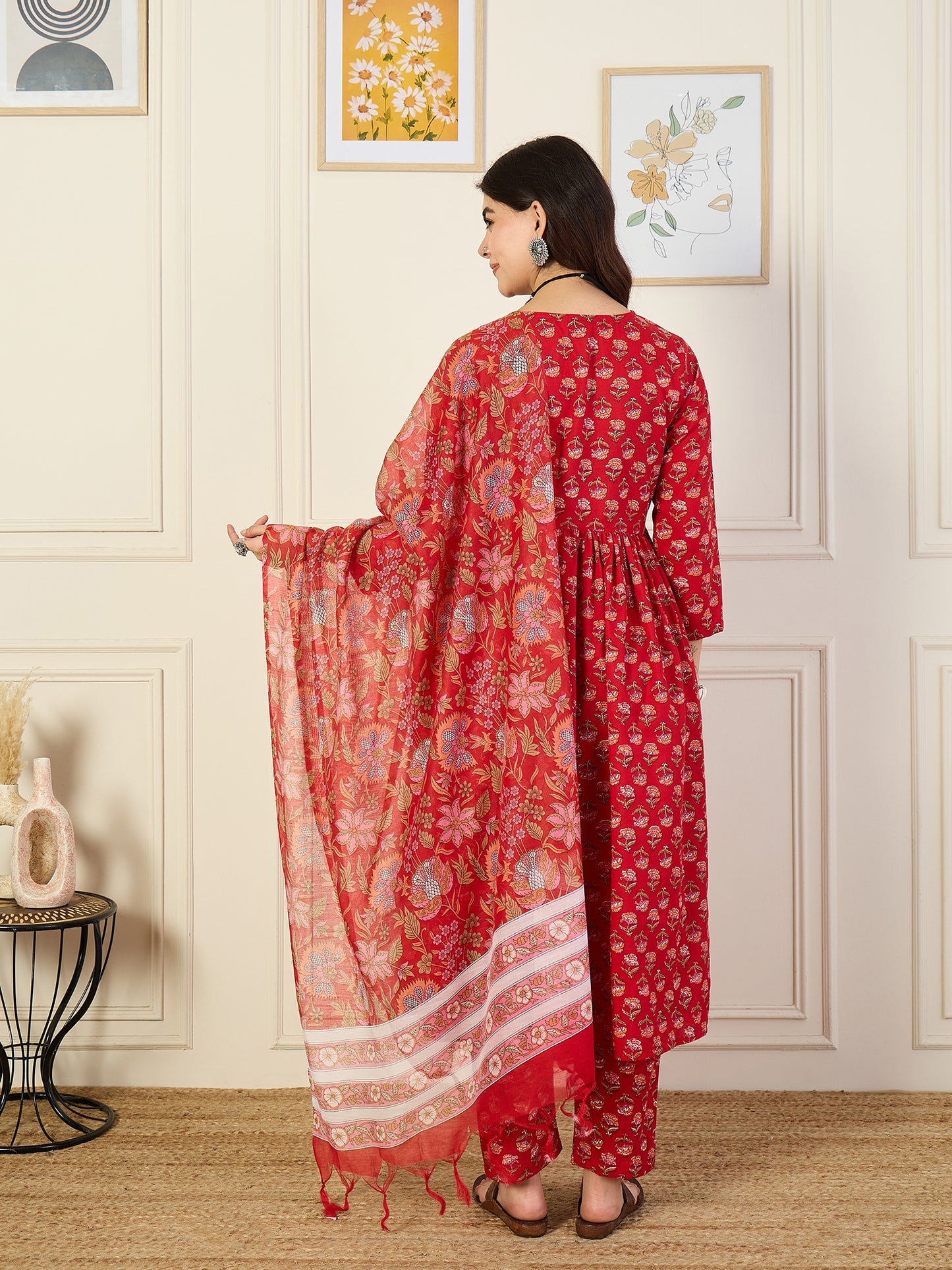 Ethnic Set Women Printed Anarkali Red Kurta and Pant Set With Dupatta