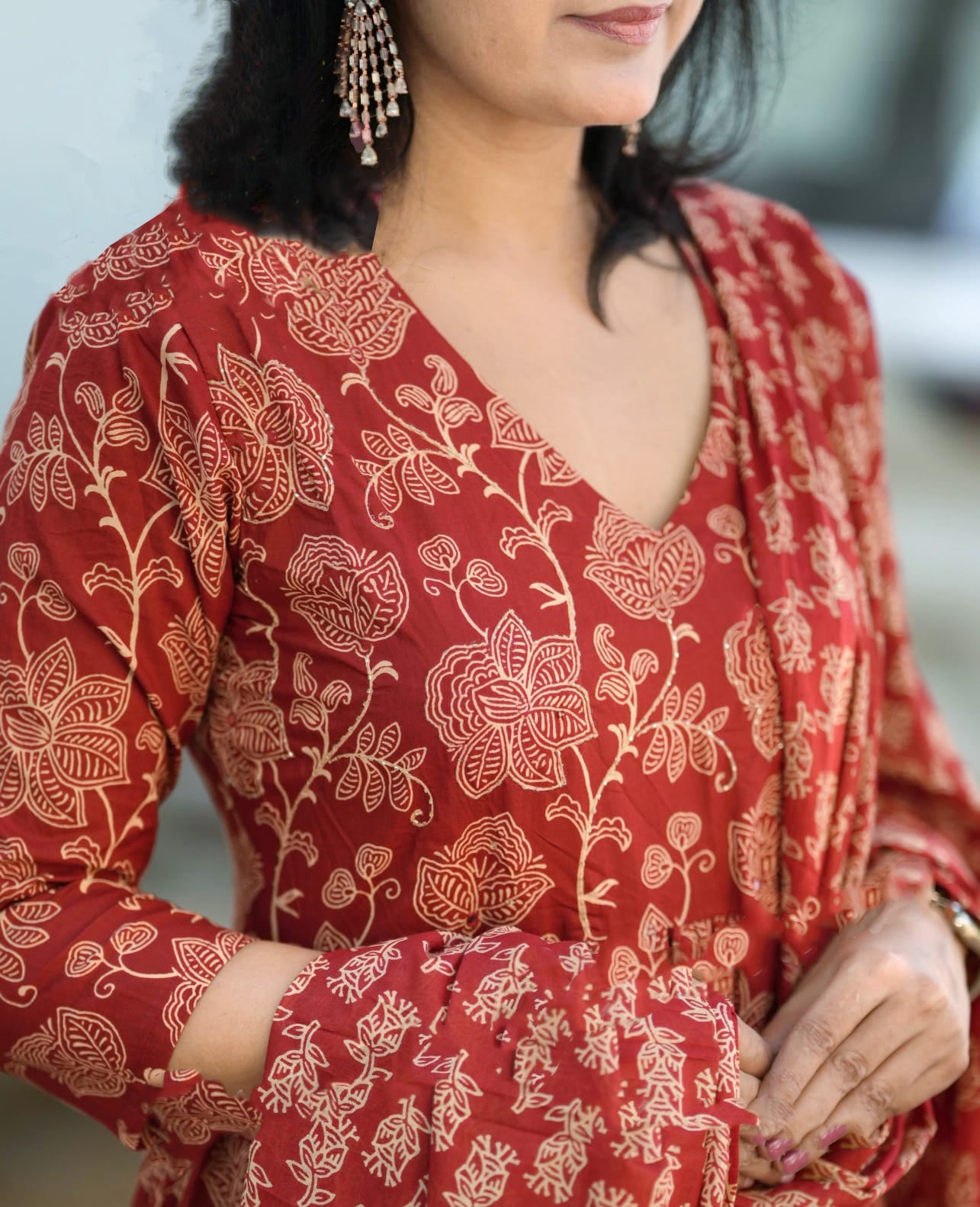 Ethnic Set Women Floral Anarkali Printed Red Kurta and Pant Set With Dupatta