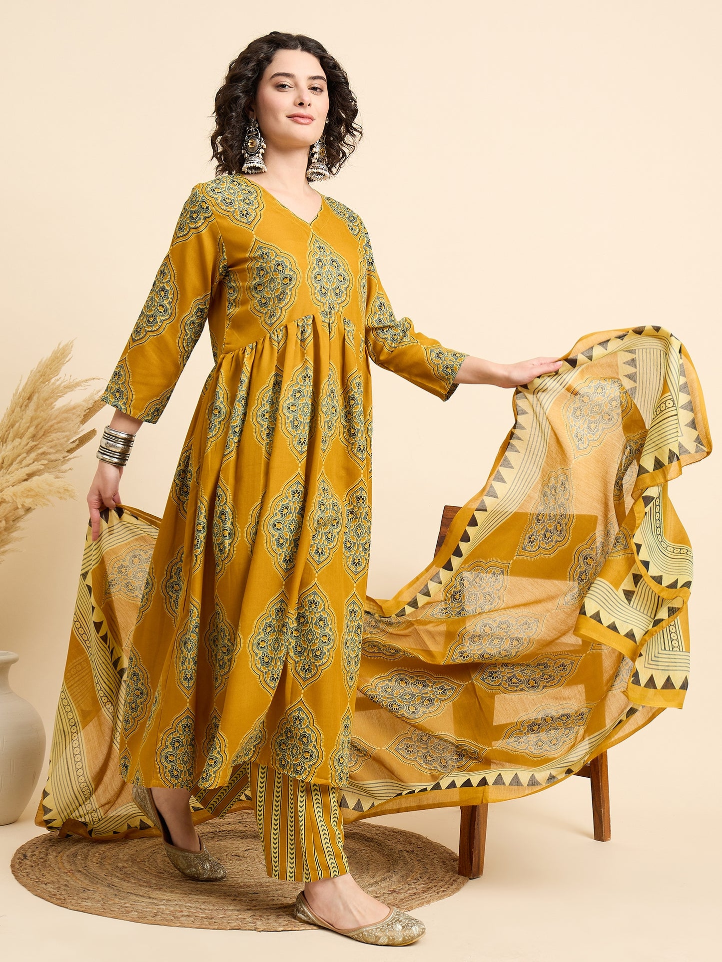 Ethnic Set Women Printed Anarkali Yellow Kurta And Pant Set With Dupatta