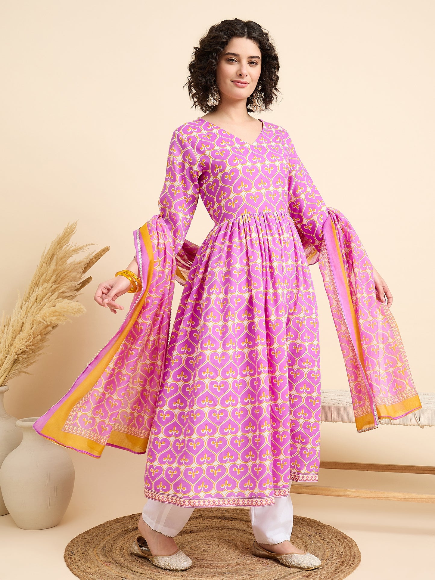 Ethnic Set Women Printed Anarkali Pink Kurta And Pant Set With Dupatta
