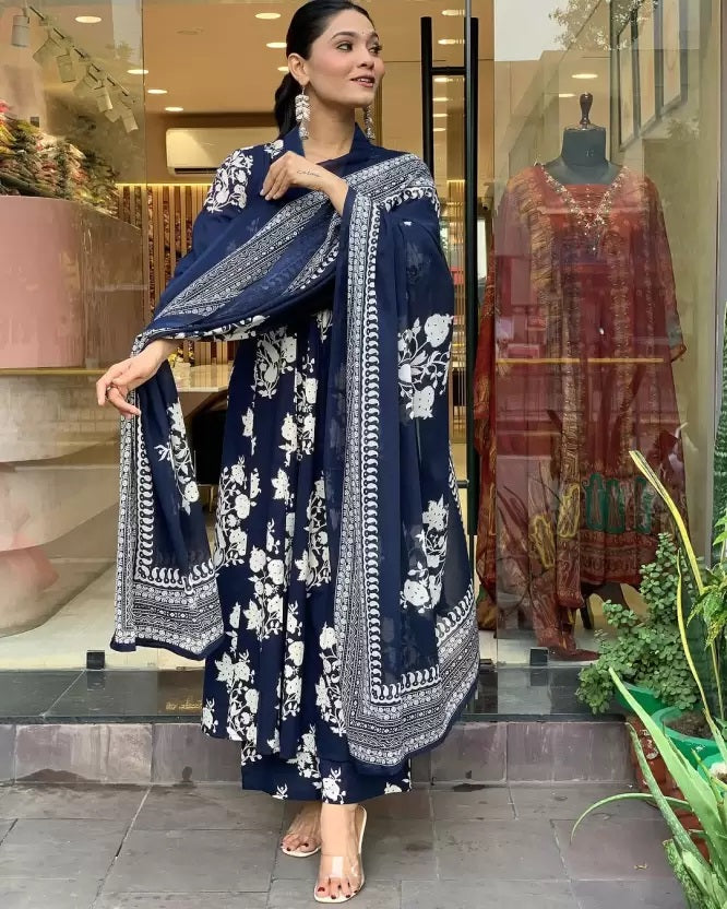Ethnic Set Women Printed A-Line Blue Kurta and Pant Set With Dupatta