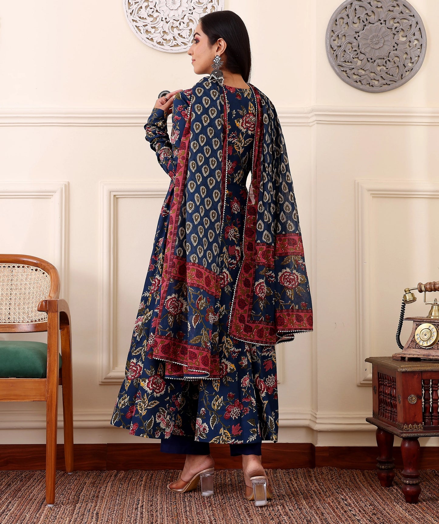 Ethnic Set Women Printed Anarkali Blue Kurta and Pant Set With Dupatta