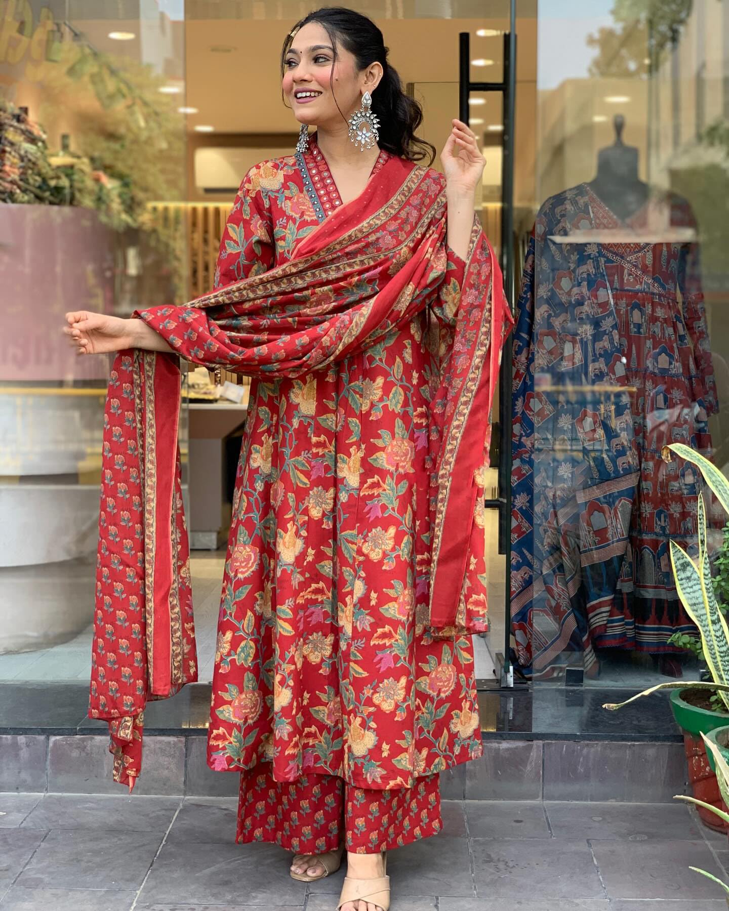 Ethnic Set Women Printed A-Line Red Kurta and Pant Set With Dupatta