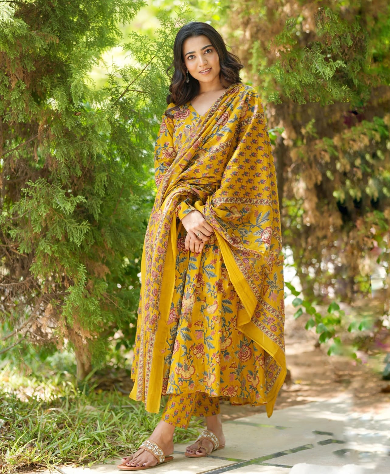 Ethnic Set Women Printed Floral Anarkali Yellow Kurta and Pant Set With Dupatta