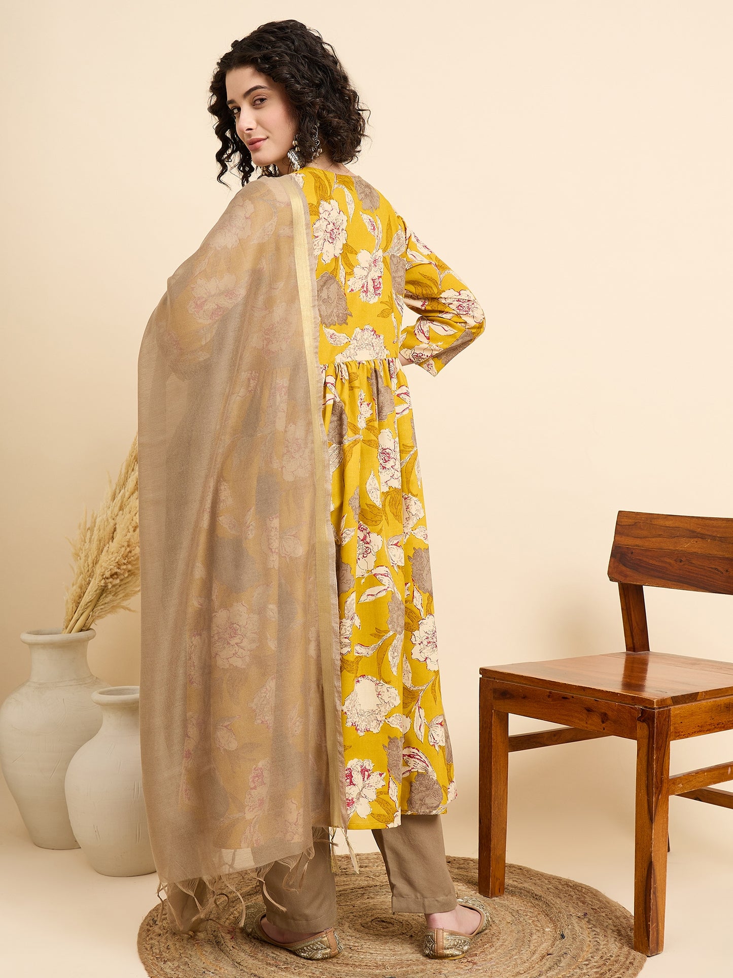 Ethnic Set Women Printed Anarkali Yellow Kurta And Pant Set With Dupatta