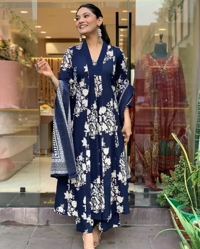 Ethnic Set Women Printed A-Line Blue Kurta and Pant Set With Dupatta