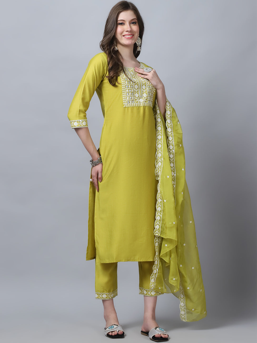 Ethnic Set Women Embroidery Straight Kurta and Pant set with Dupatta - Ethnic Set