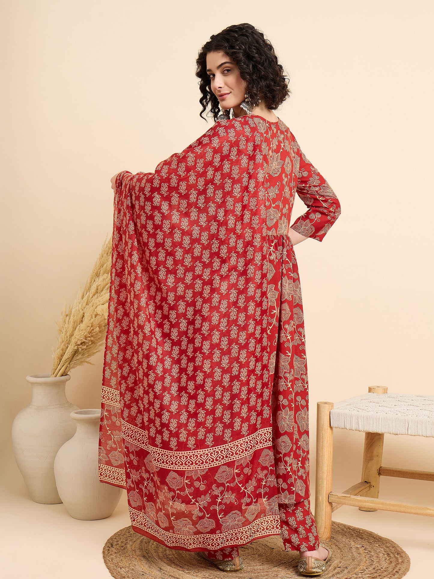 Ethnic Set Women Floral Printed Anarkali Red Kurta And Pant Set With Dupatta