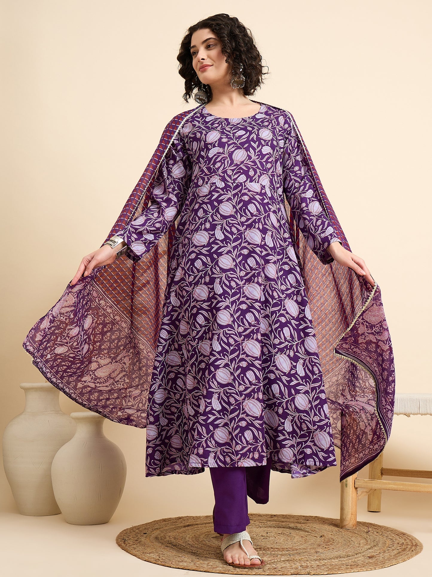 Ethnic Set Women Printed Anarkali Kurta And Pant Set With Dupatta