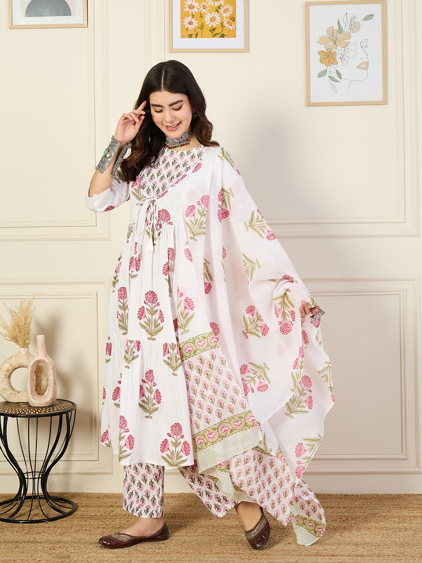 Ethnic Set Women Printed Anarkali White Kurta and Pant Set With Dupatta