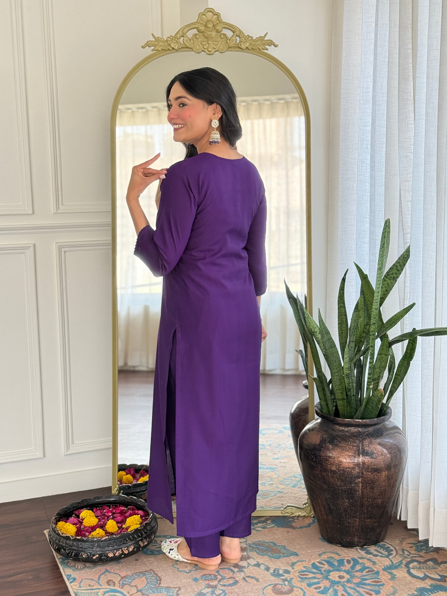 Women's Solid Embroidery Kurta Set – Ethnic Festive Wear (Kurta + Pants + Dupatta)