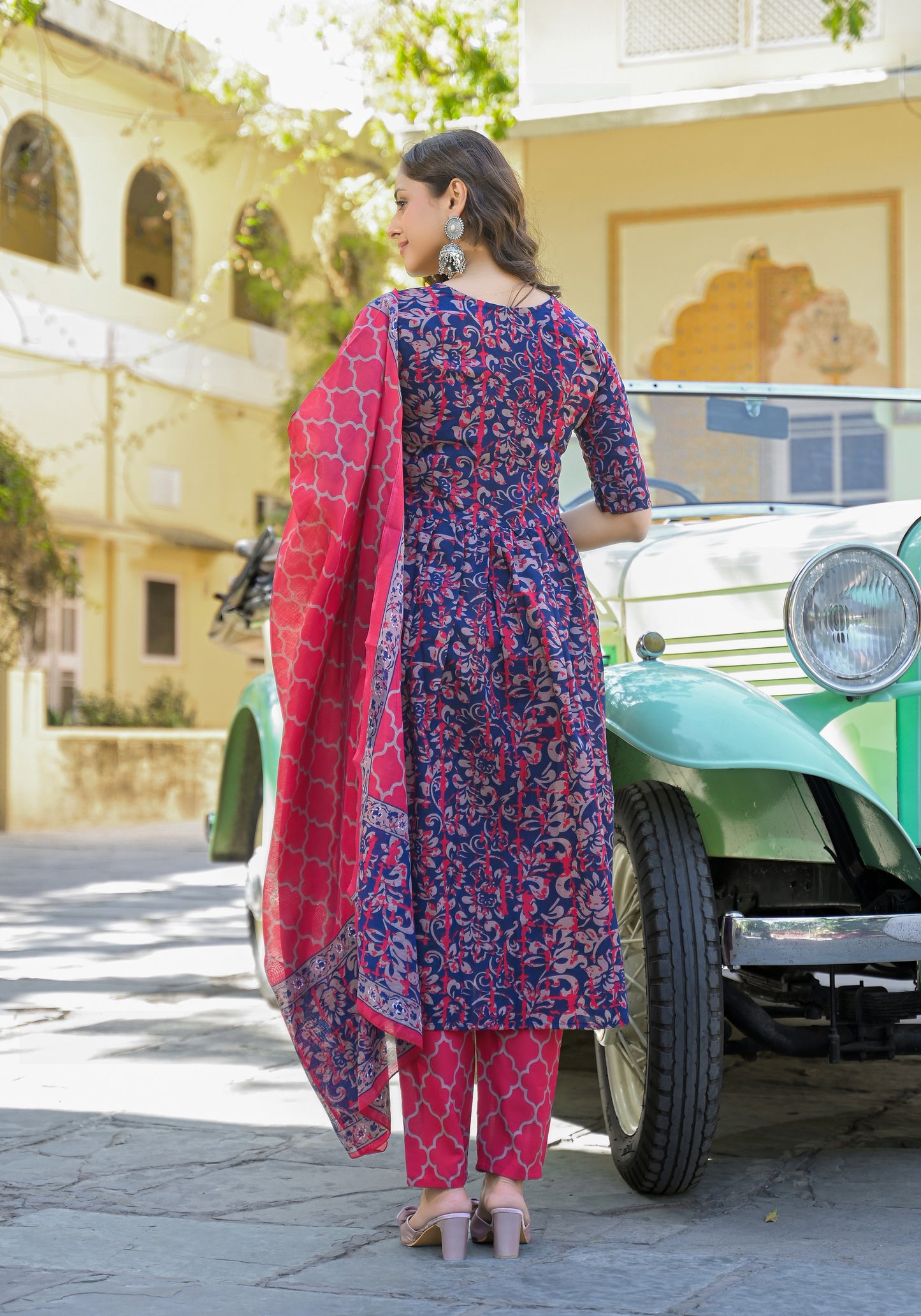 Ethnic Set Women Printed Anarkali Blue Kurta And Pant Set With Dupatta