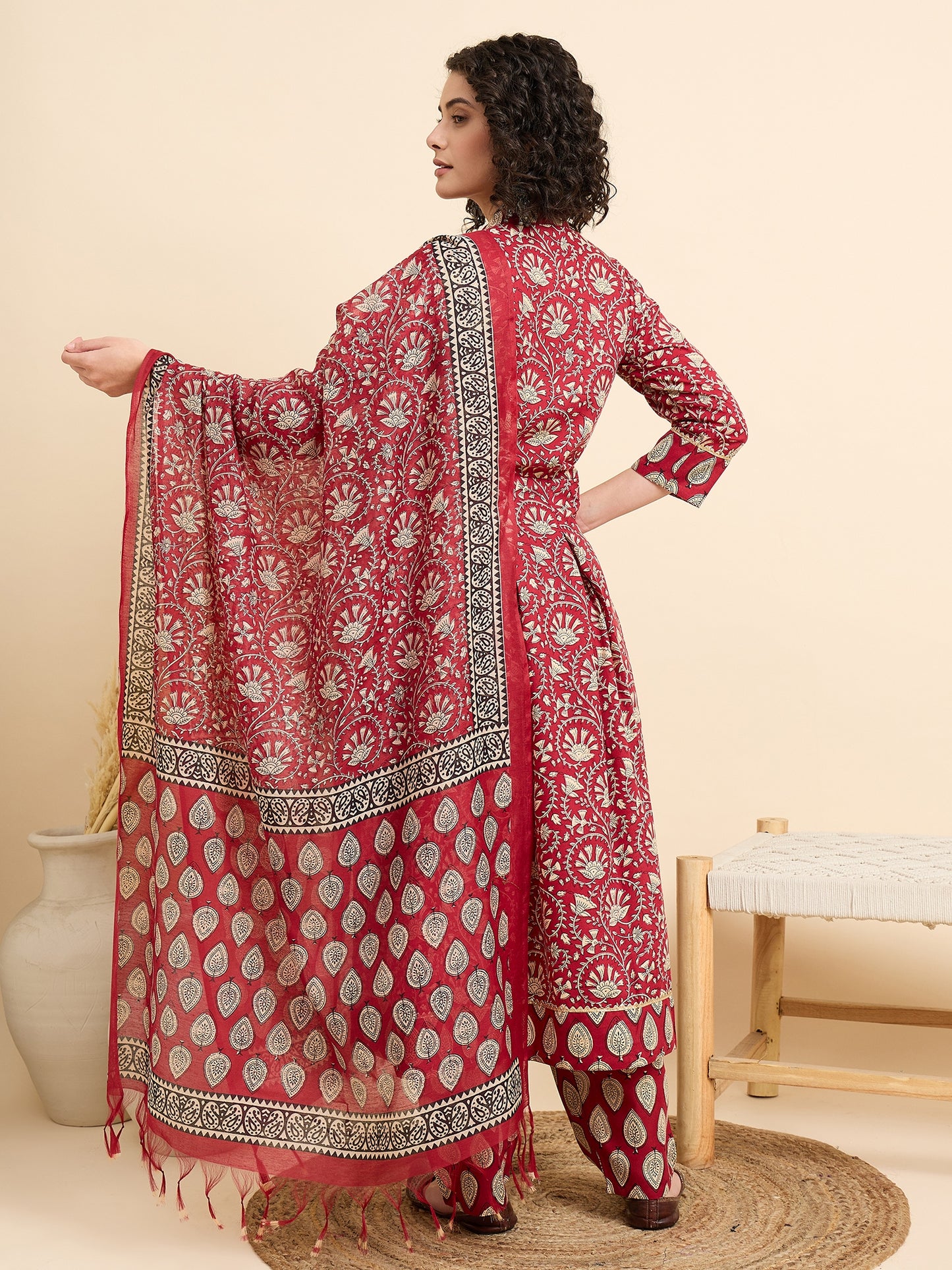 Ethnic Set Women Printed Anarkali Red Kurta And Pant Set With Dupatta