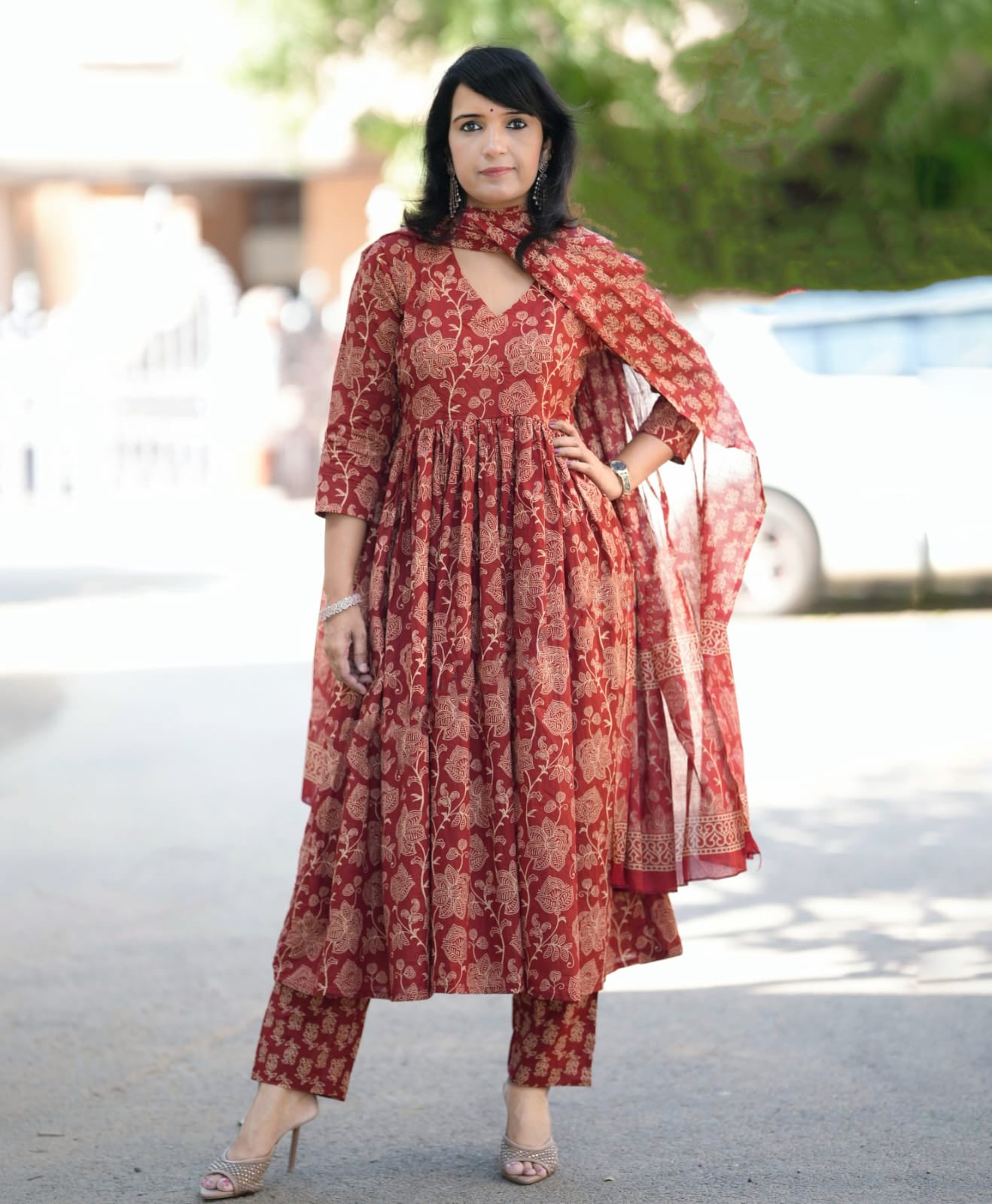 Ethnic Set Women Floral Anarkali Printed Red Kurta and Pant Set With Dupatta
