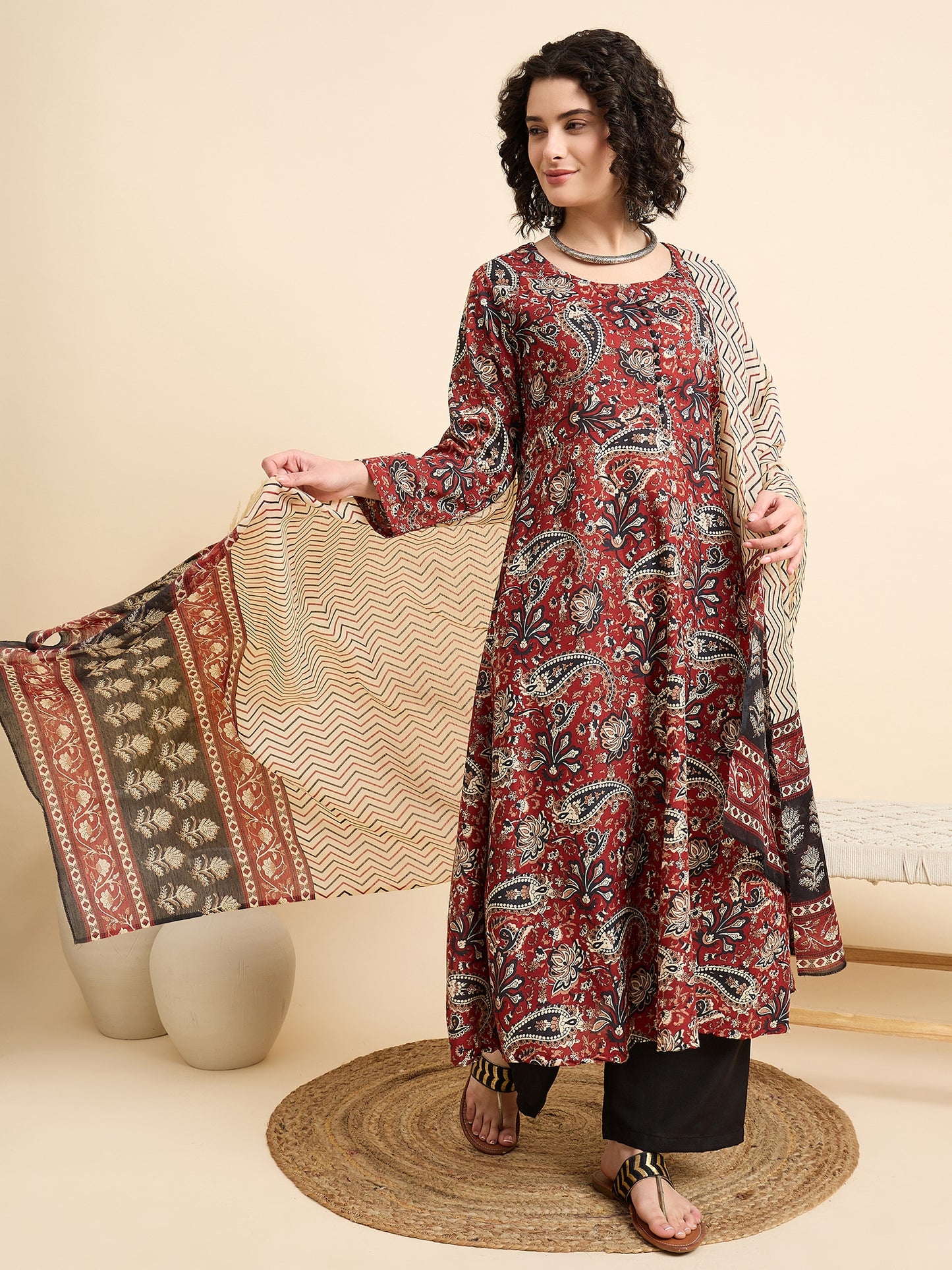 Ethnic Set Women Printed Anarkali Maroon Kurta And Pant Set With Dupatta