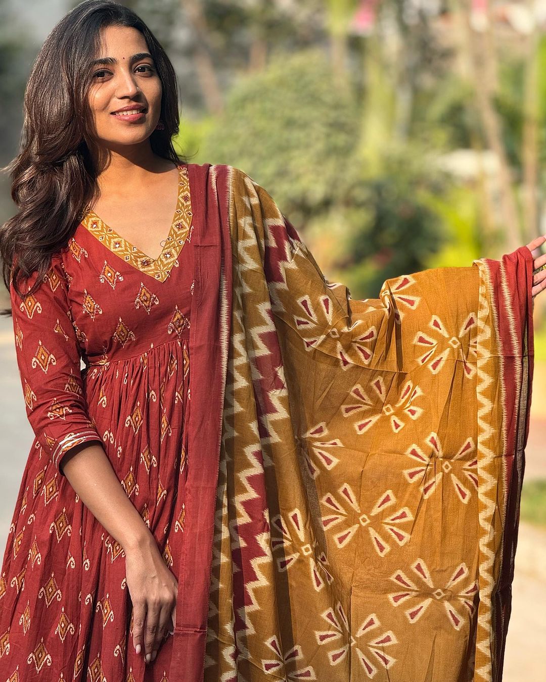 Ethnic Set Women Printed Red Anarkali Kurta and Pant Set With Dupatta