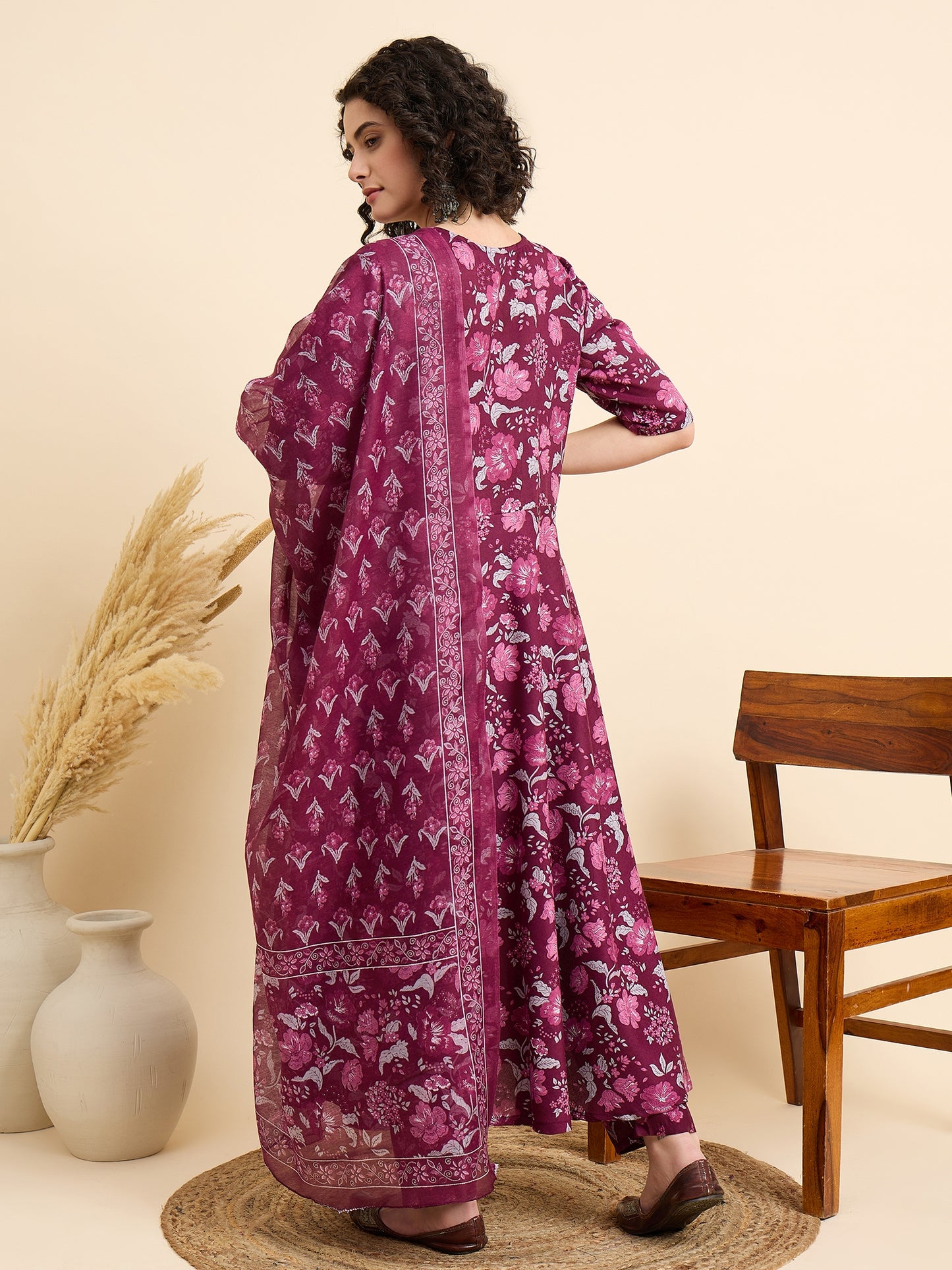 Ethnic Set Women Floral Printed Anarkali Kurta And Pant Set With Dupatta