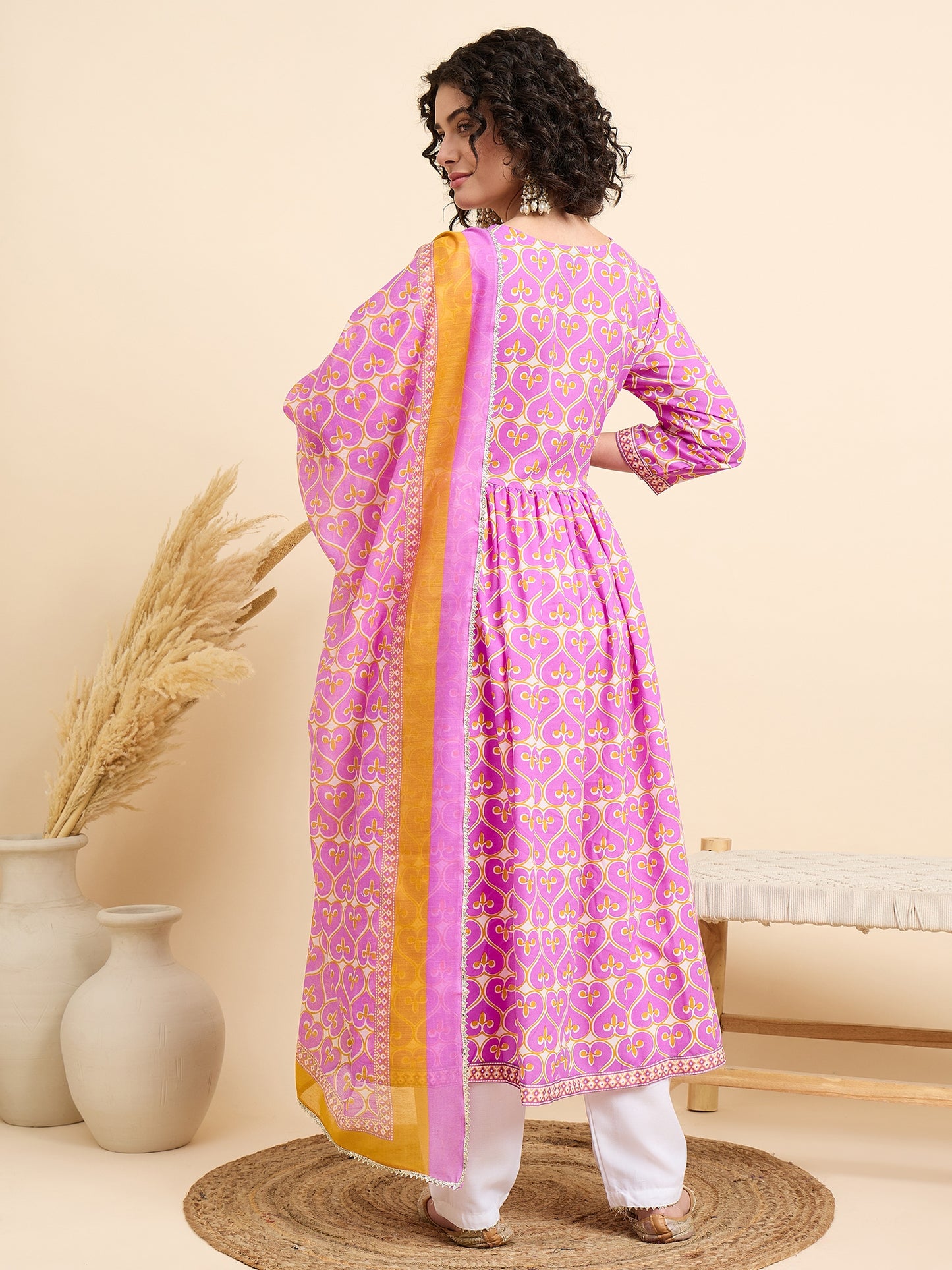 Ethnic Set Women Printed Anarkali Pink Kurta And Pant Set With Dupatta