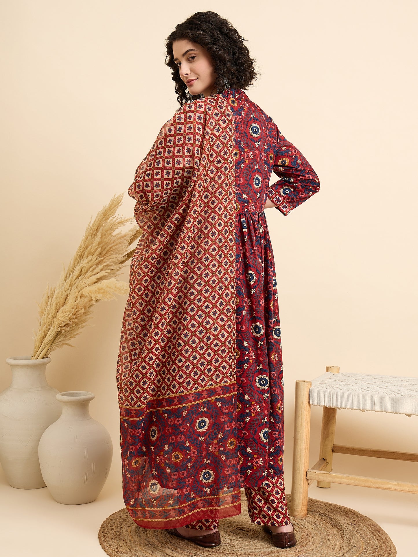 Ethnic Set Women Printed A-Line Red Kurta And Pant Set With Dupatta