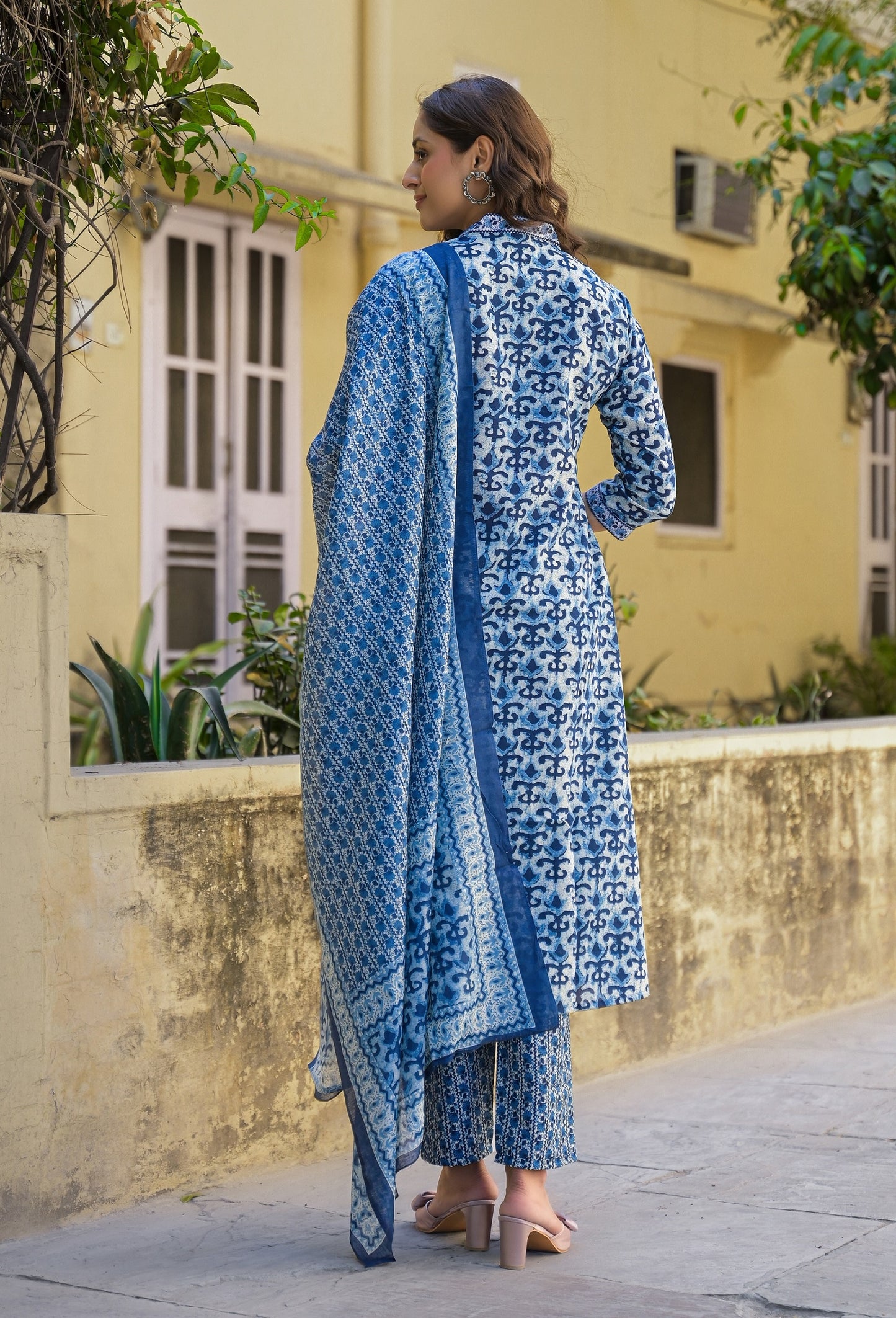 Ethnic Set Women Printed A-Line Blue Kurta And Pant Set With Dupatta