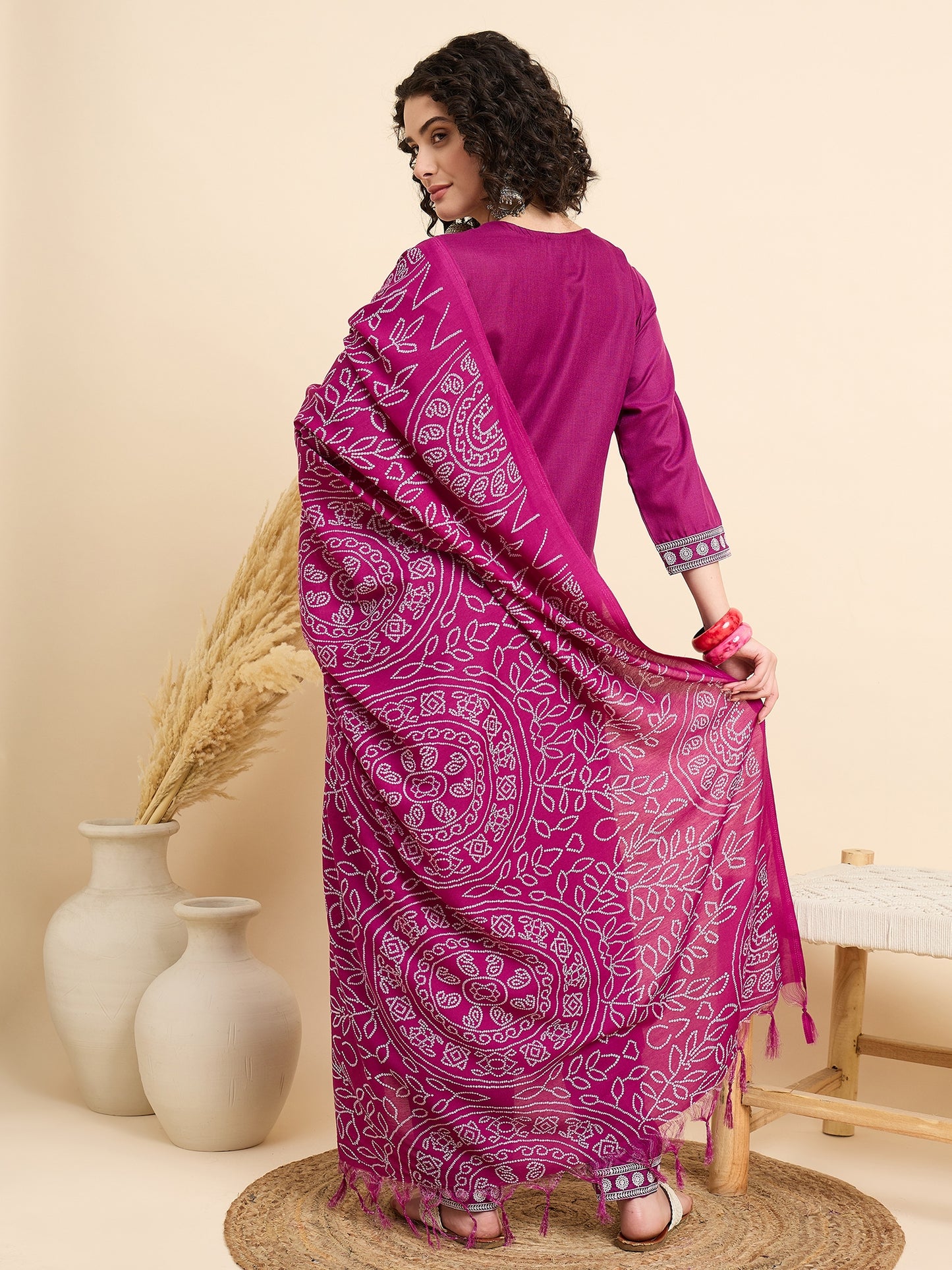 Ethnic Set Women Embroidered Pink Kurta And Pant Set With Dupatta