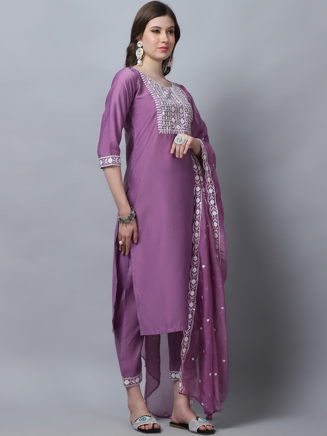 Ethnic Set Women Embroidery Straight Kurta and Pant set with Dupatta - Ethnic Set