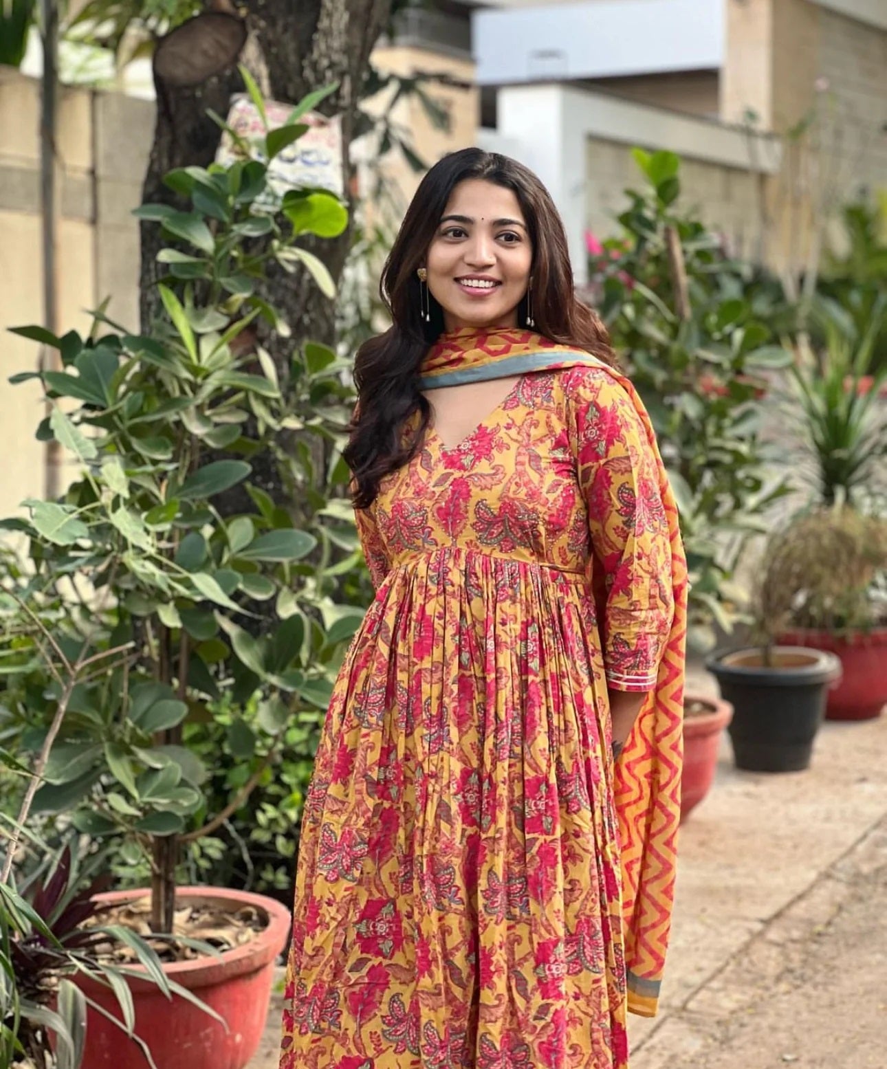 Ethnic Set Women Floral Printed Anarkali Yellow Kurta And Pant Set With Dupatta