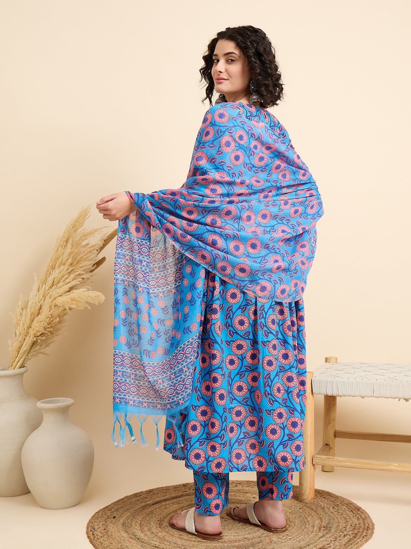 Ethnic Set Women Printed Anarkali Blue Kurta And Pant Set With Dupatta