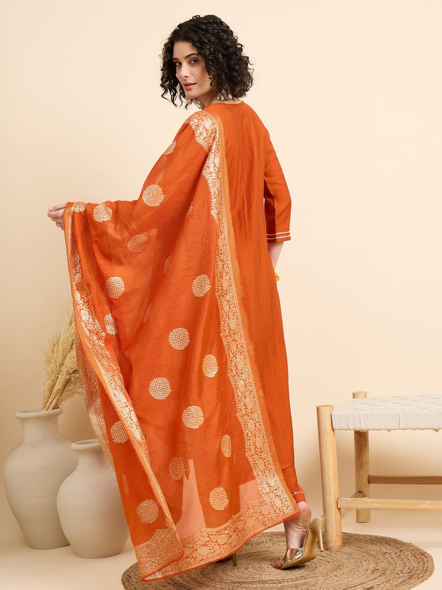 Ethnic Set Women Emboridered Straight Orange Kurta And Pant Set With Dupatta