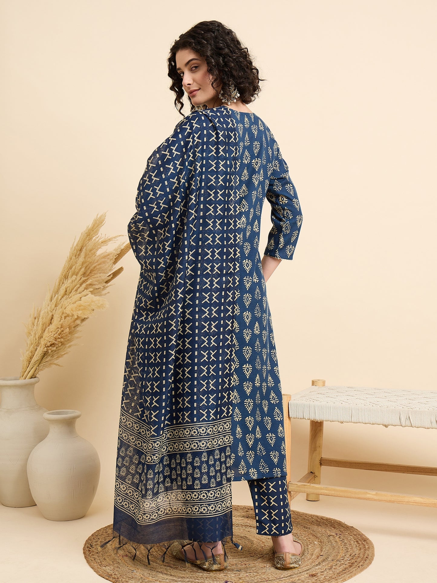 Ethnic Set Women Embroidered Straight Blue Kurta And Pant Set With Dupatta