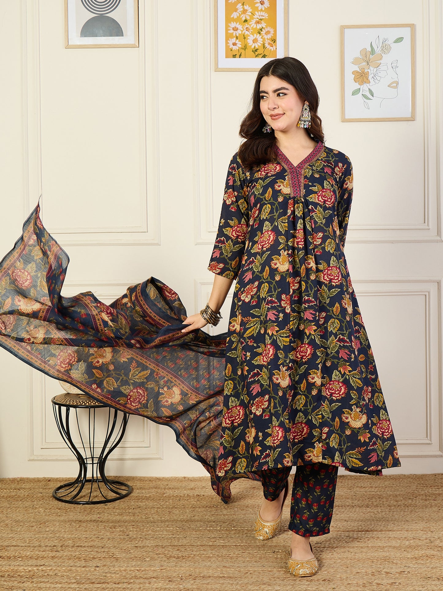 Ethnic Set Women Printed A-Line Floral Blue Kurta and Pant Set With Dupatta
