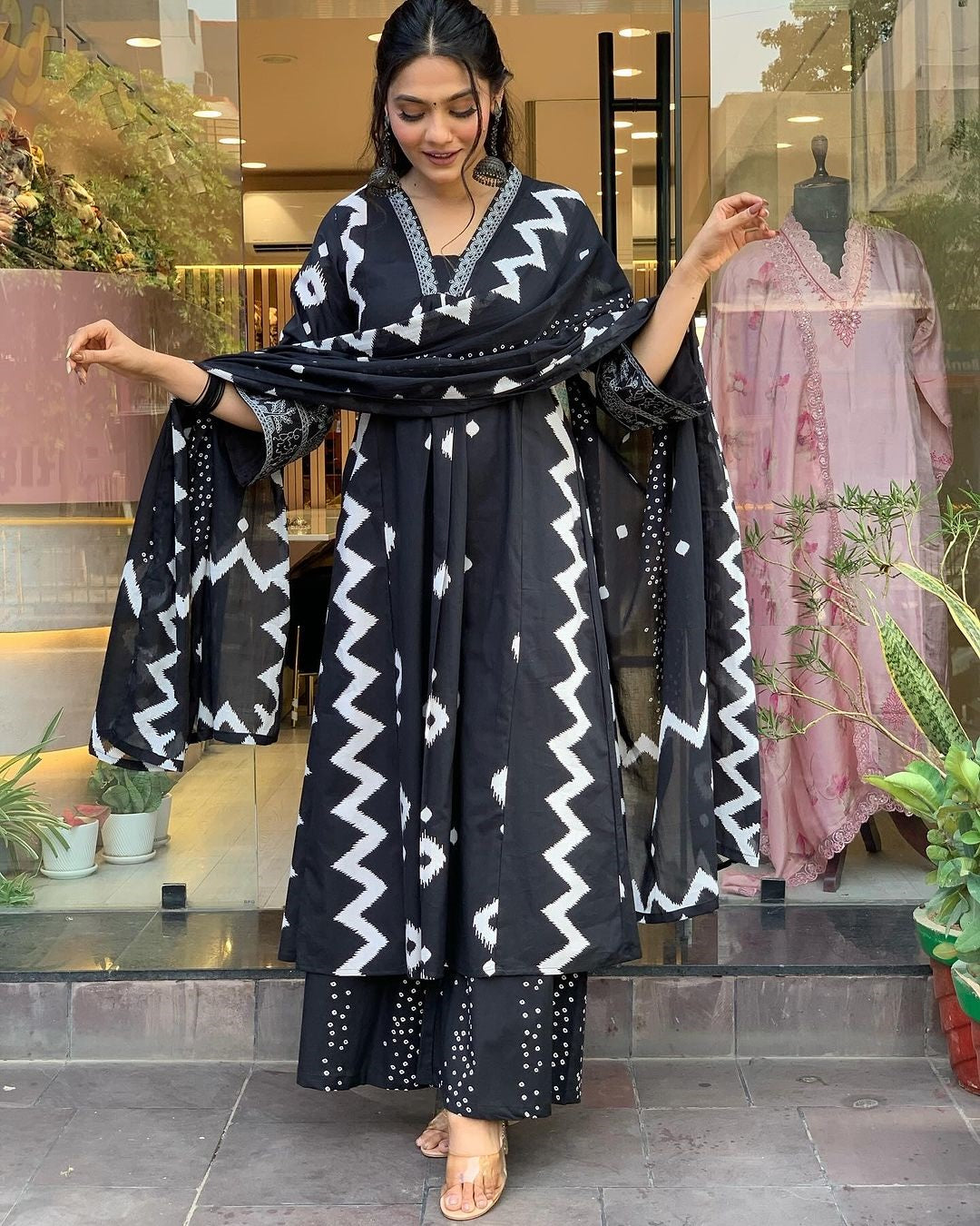 Ethnic Set Women Printed A-Line Black Kurta and Pant Set With Dupatta