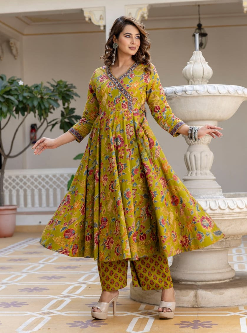 Ethnic Set Women Anarkali Yellow Kurta And Pant Set With Dupatta