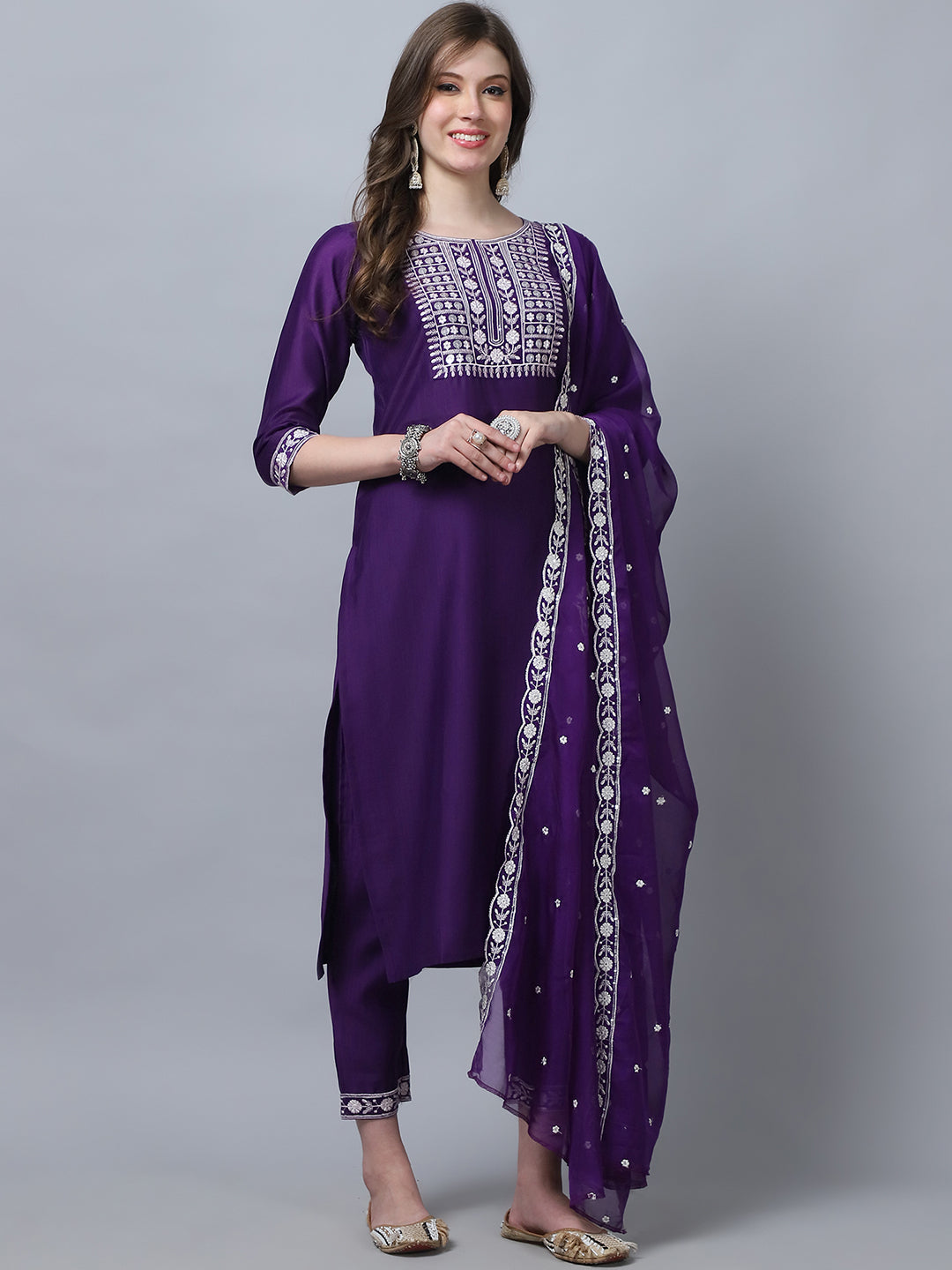 Ethnic Set Women Embroidery Straight Kurta and Pant set with Dupatta - Ethnic Set