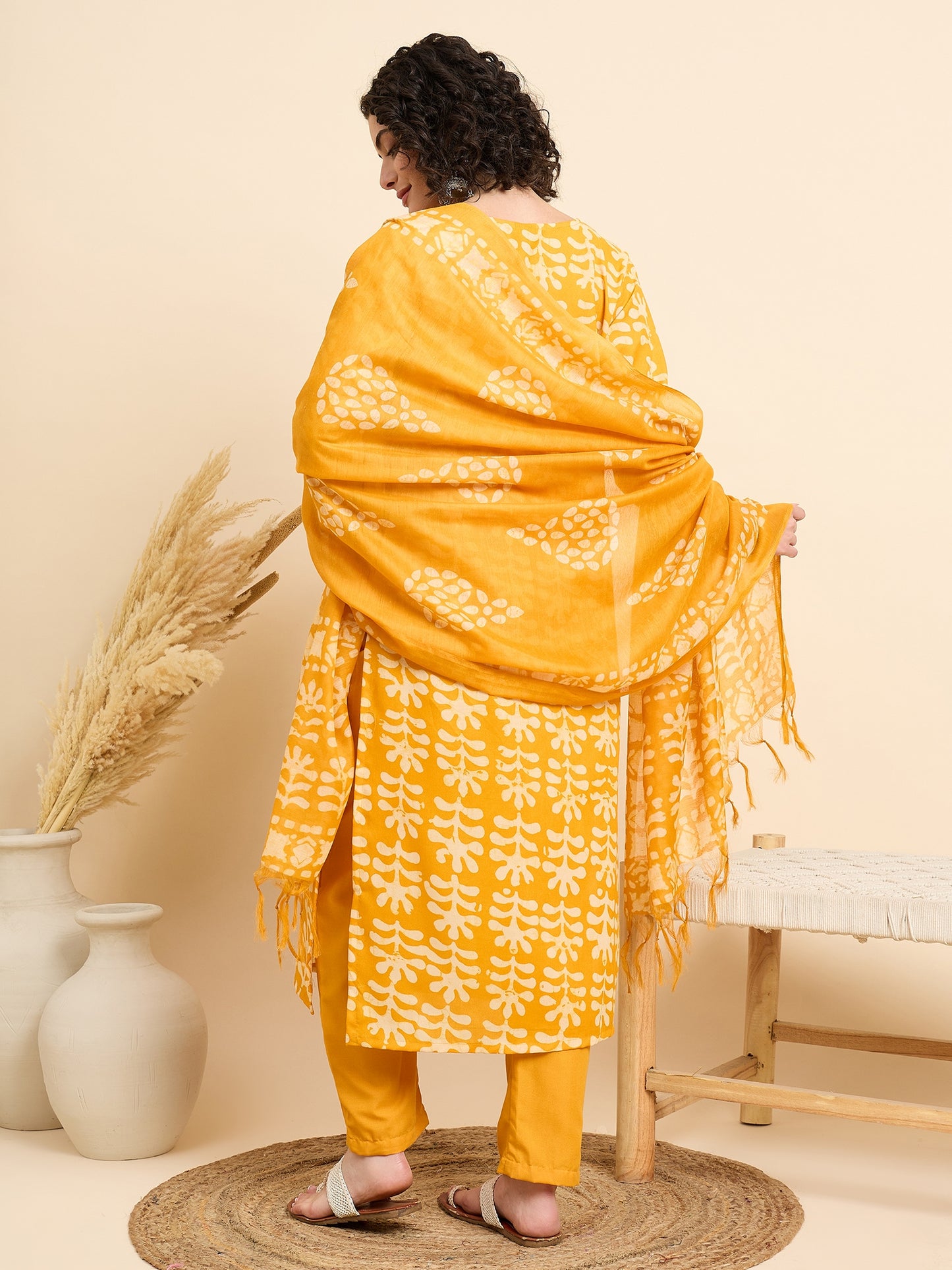 Ethnic Set Women Printed Straight Yellow Kurta And Pant Set With Dupatta