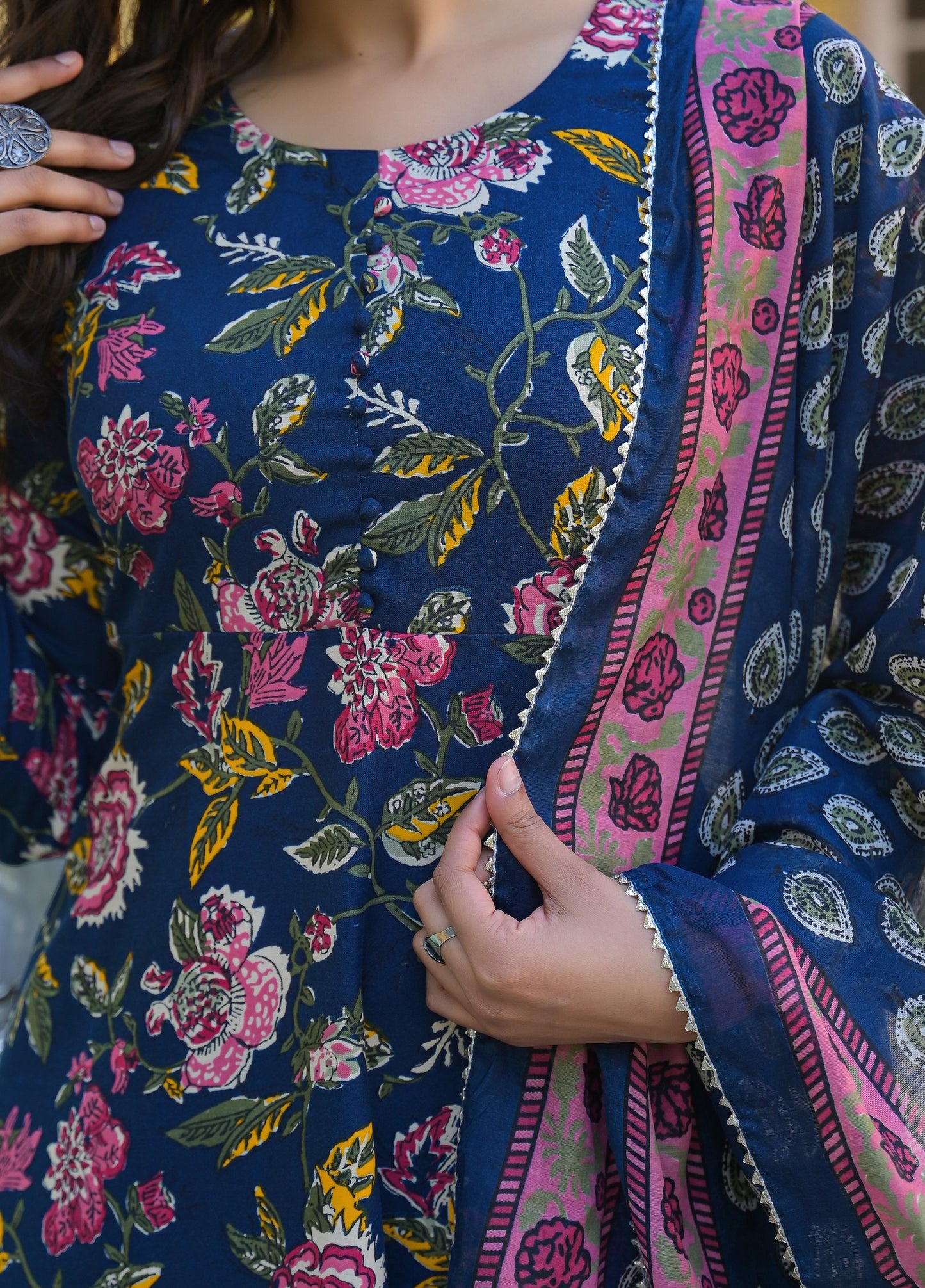 Ethnic Set Women Floral Printed Anarkali Blue Kurta And Pant Set With Dupatta